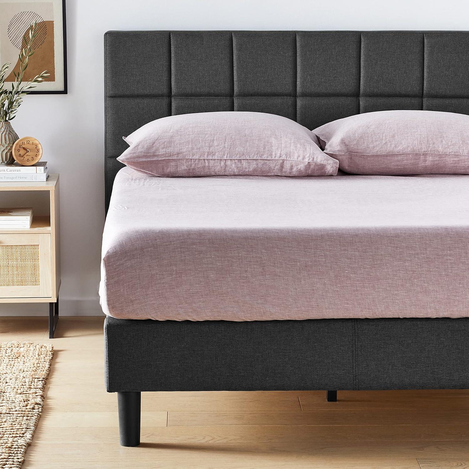 Full Dark Gray Upholstered Platform Bed with Tufted Headboard