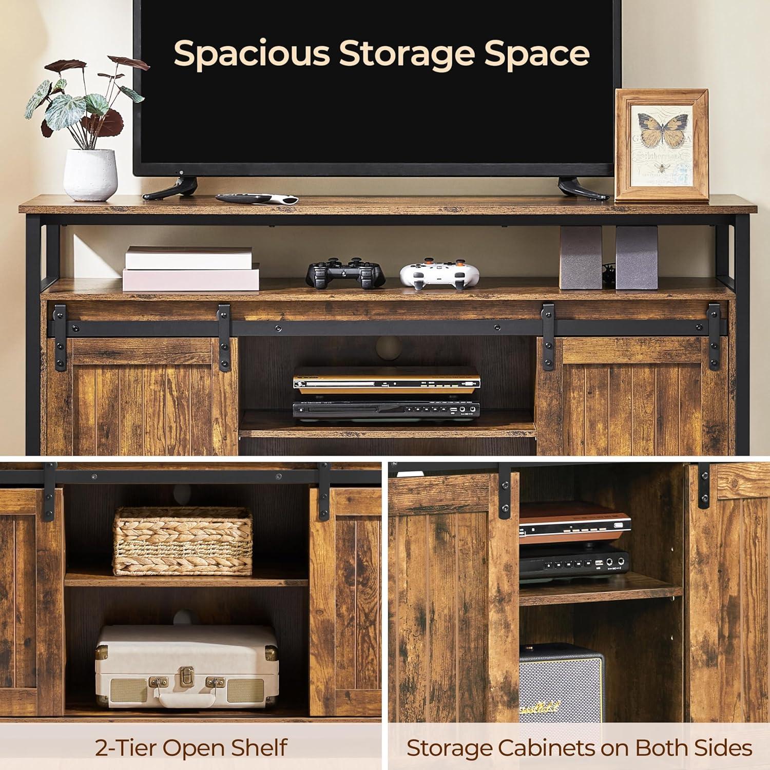 Alden Design Industrial Wooden Television Stand with Sliding Barn Doors for TVs up to 65in, Rustic Brown