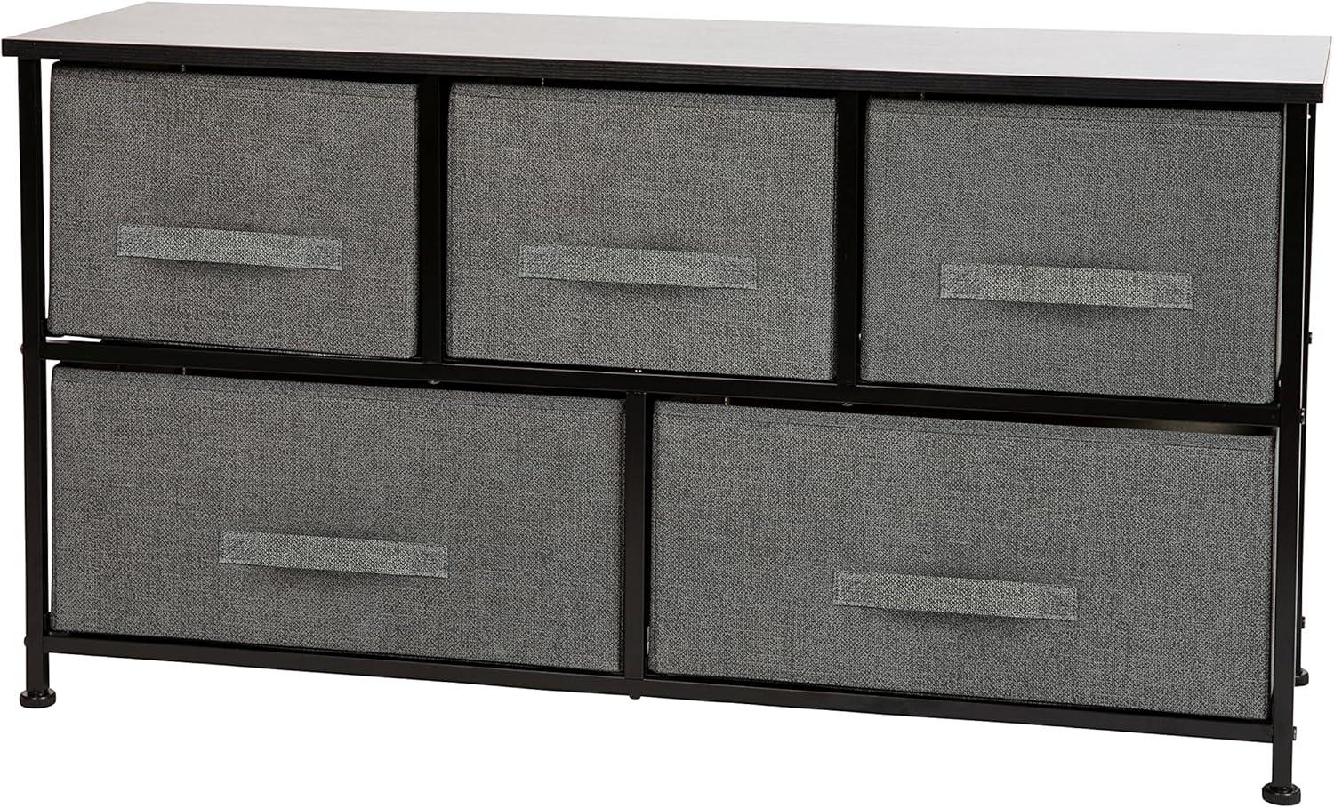 Flash Furniture 5 Drawer Wood Top Black Cast Iron Frame Vertical Storage Dresser with Dark Gray Easy Pull Fabric Drawers