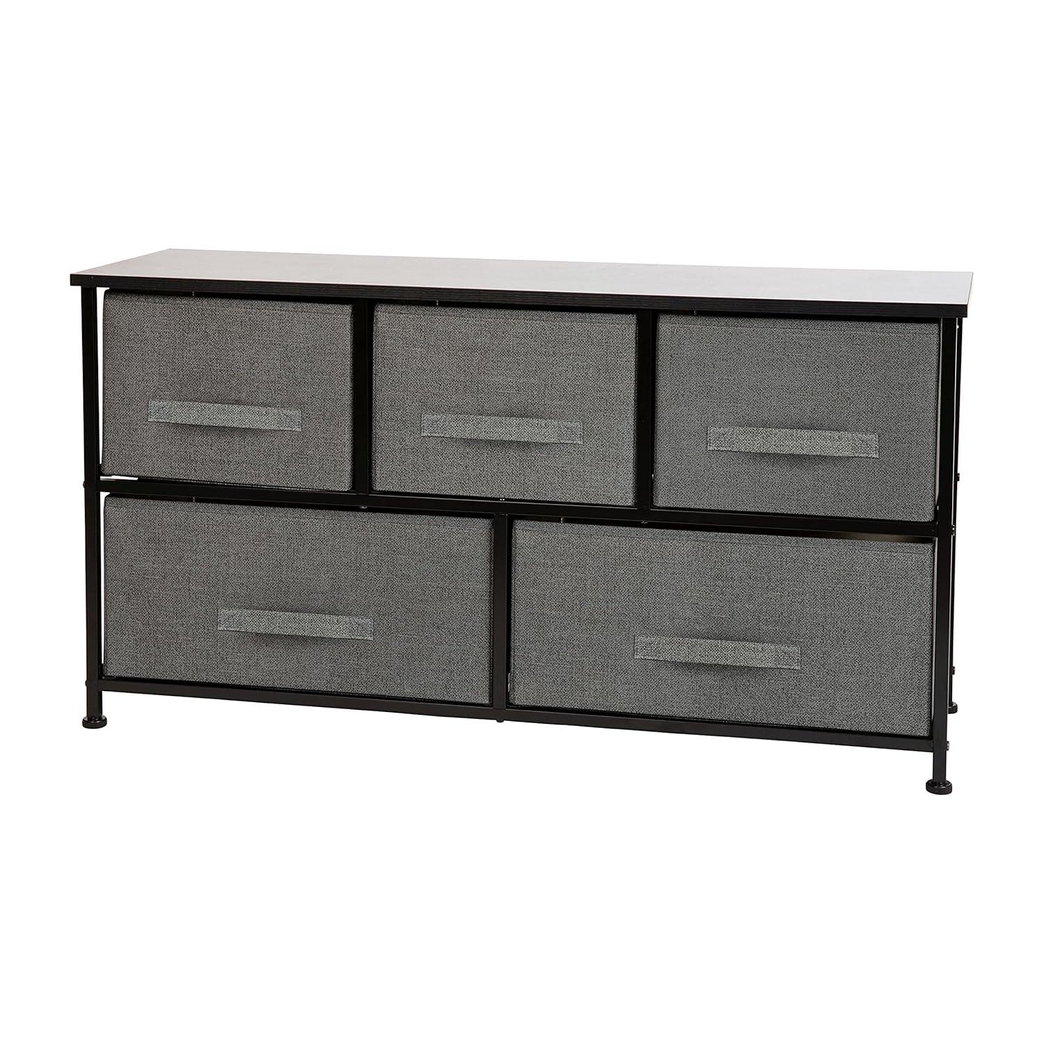 Flash Furniture 5 Drawer Wood Top Black Cast Iron Frame Vertical Storage Dresser with Dark Gray Easy Pull Fabric Drawers