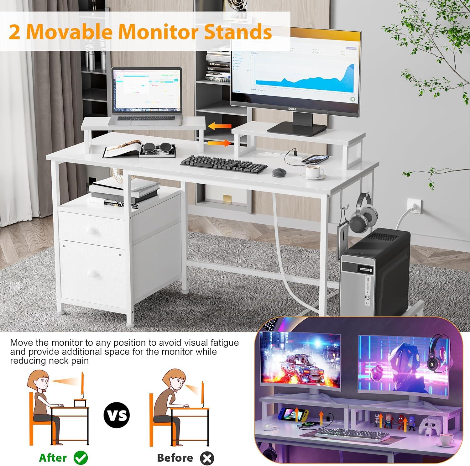 Furologee White 47" Computer Desk with Drawer & Power Outlets, Office Desk with 2 Monitor Stands & Fabric File Cabinet, Writing Gaming Table with Shelves & 2 Hooks for Home Office