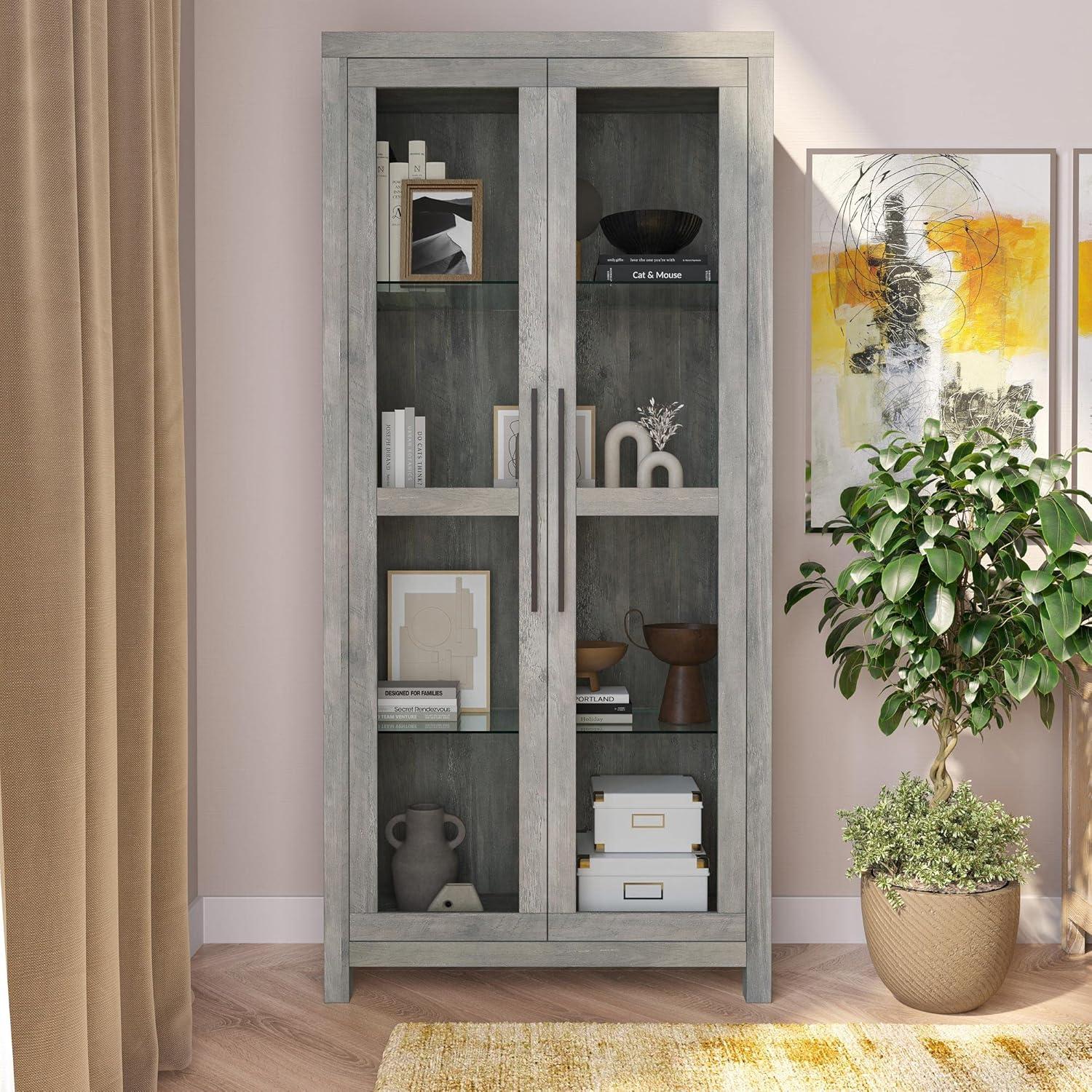 Gray Wash Tall Curio Cabinet with Tempered Glass Doors