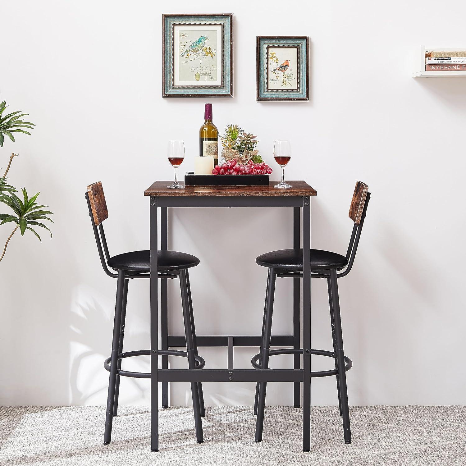 3 Pieces Bar Table Set, Counter High Pub Table Set with 2 Chairs, Wood Top Dining Table with 2 Backrest Stools, Saving Space Kitchen Table & Chair Set for Bistro Apartment, Brown
