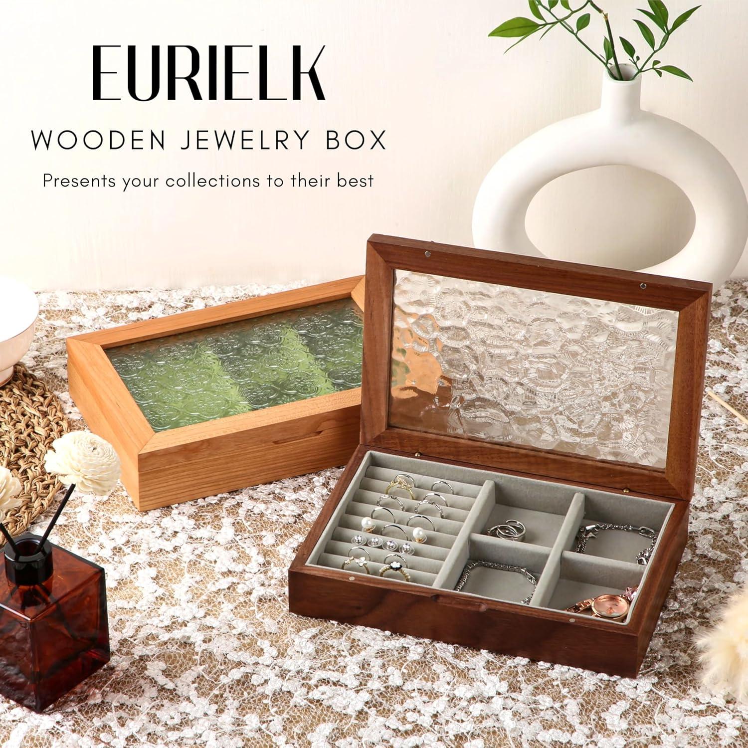 Wooden Jewelry Box, Medium Size Natural Solid Walnut Wood Girls Vintage Trinket Organizer With Large Storage,Walnut