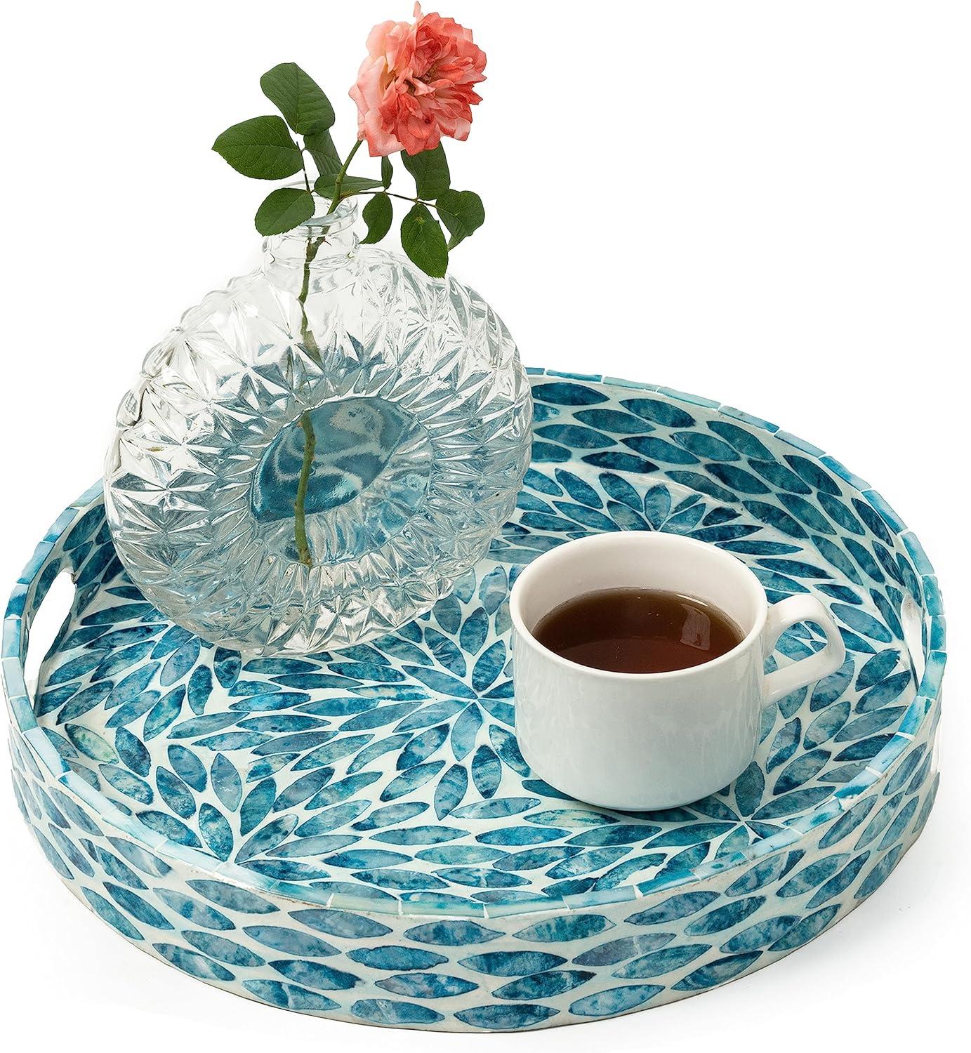 CLAYNIX Serving Tray 12.5 Inch, Lacquer Mother of Pearl Inlay Mosaic Tray, Round Wooden Marble Tray with Handles Trays for Tea, Breakfast (Flower Style)