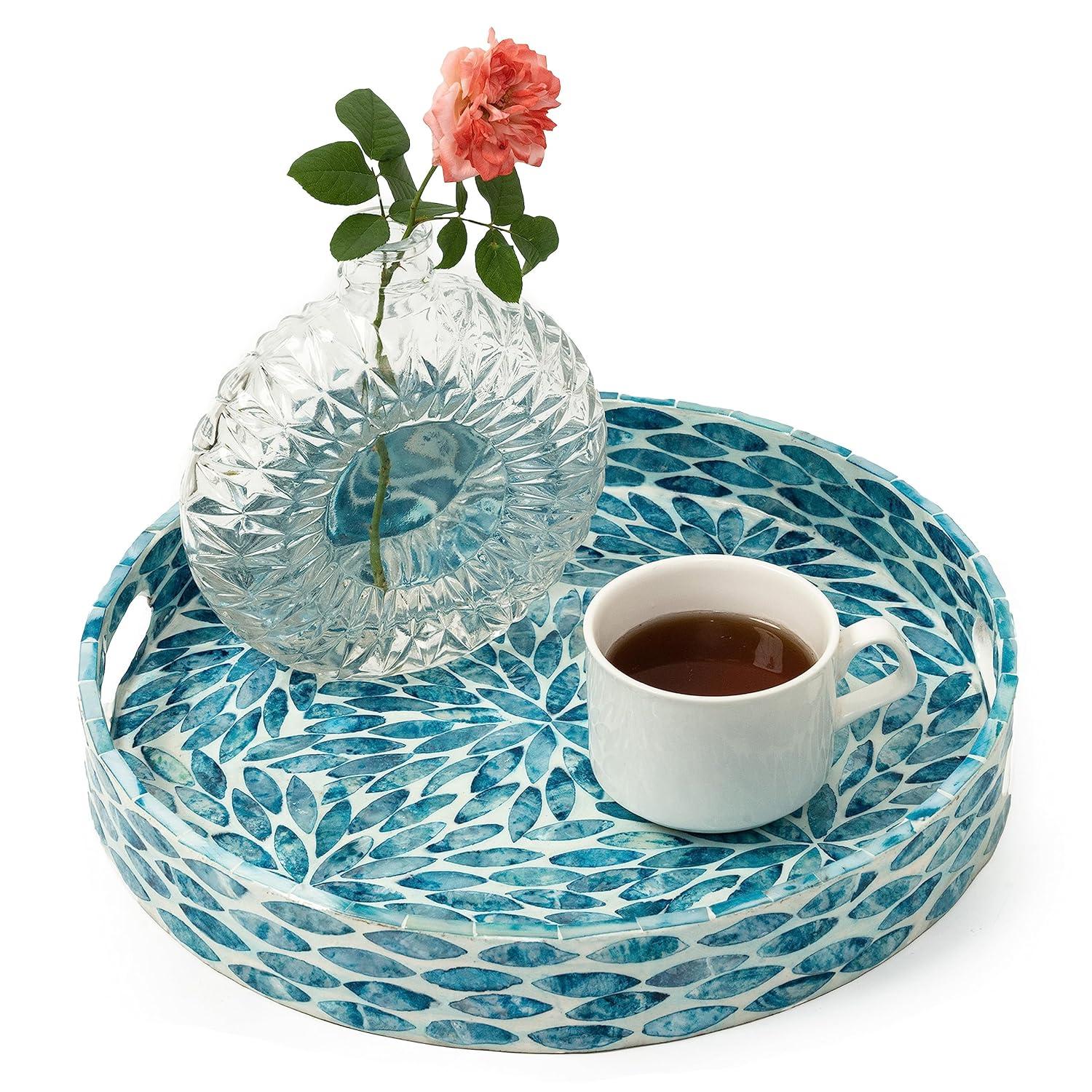 CLAYNIX Serving Tray 12.5 Inch, Lacquer Mother of Pearl Inlay Mosaic Tray, Round Wooden Marble Tray with Handles Trays for Tea, Breakfast (Flower Style)