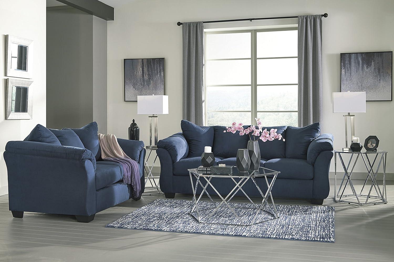 Roundhill Furniture Aruca Navy Blue Microfiber Pillow Back Sofa and Loveseat Set