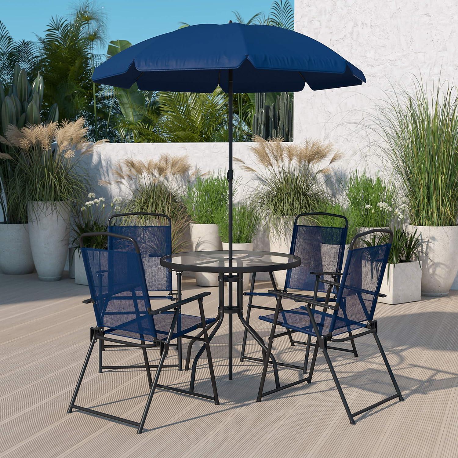 Emma and Oliver 6 Piece Navy Patio Garden Set with Umbrella Table and Set of 4 Folding Chairs