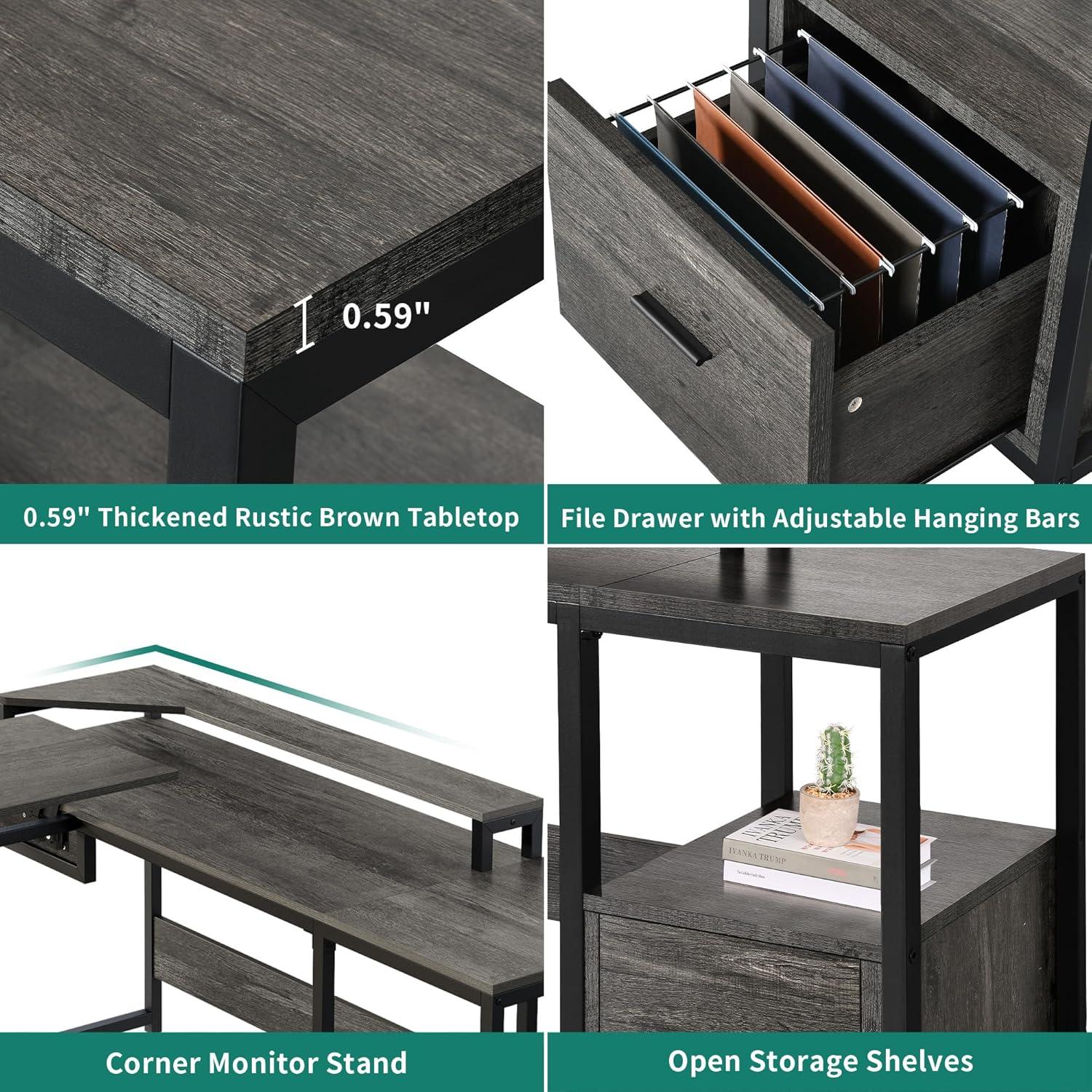 L Shaped Computer Desk with File Drawer, 65" L Shaped Desk with Monitor Stand, Height Adjustable Standing Desk , Gray