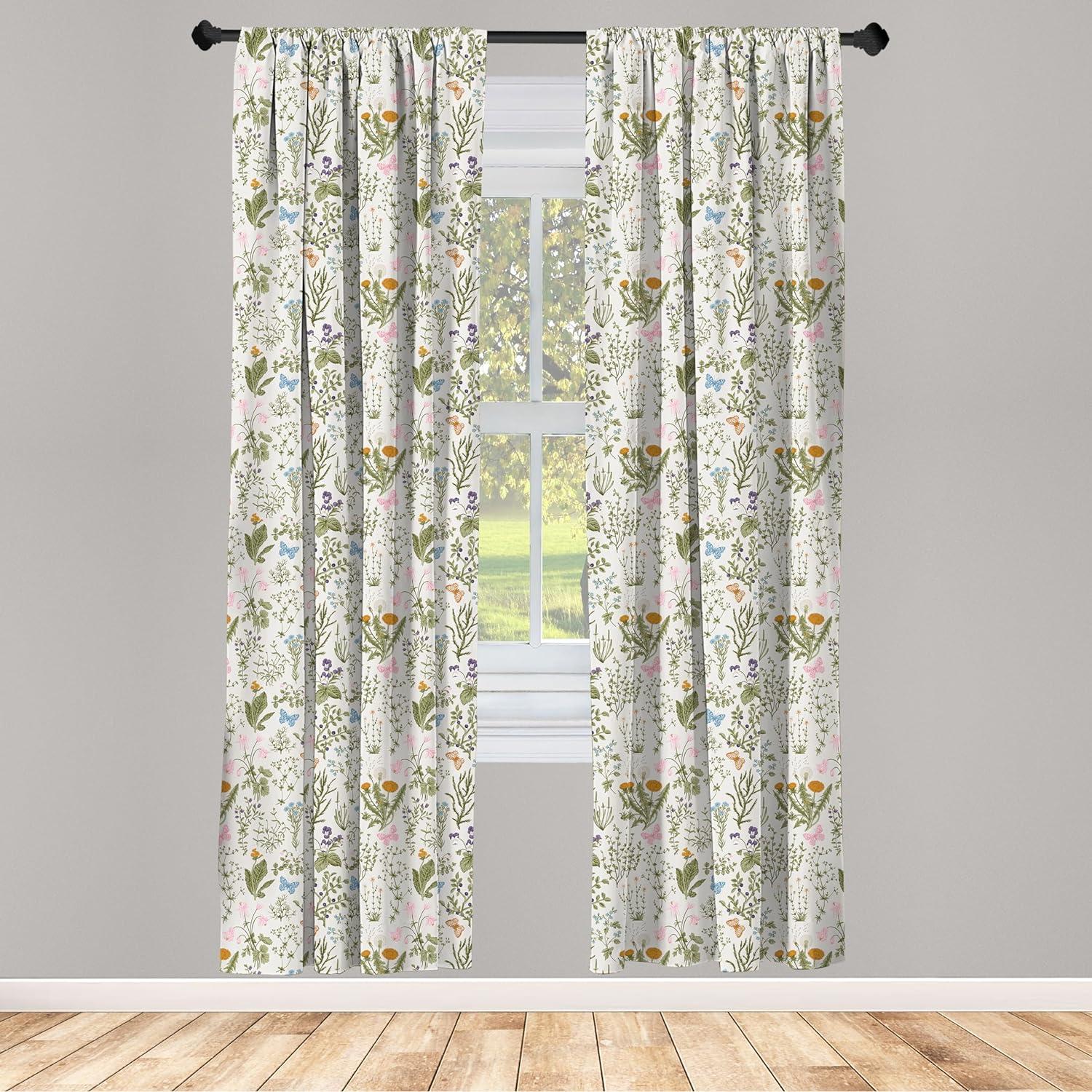 Ambesonne Floral Curtains, Vintage Garden Plants, Pair of 28"x95", Reseda Green Beige