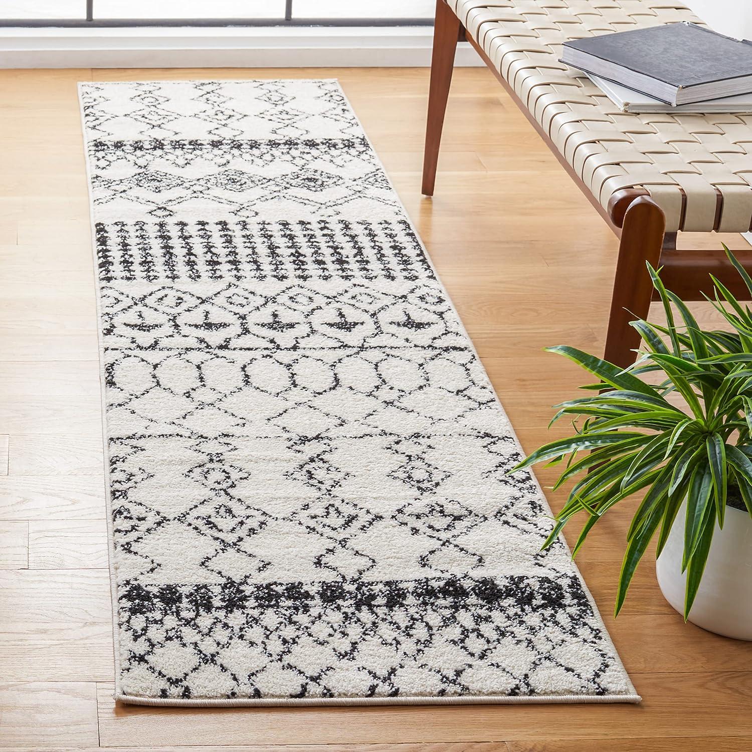 Ivory & Black Moroccan Boho Synthetic 2' x 9' Runner Rug