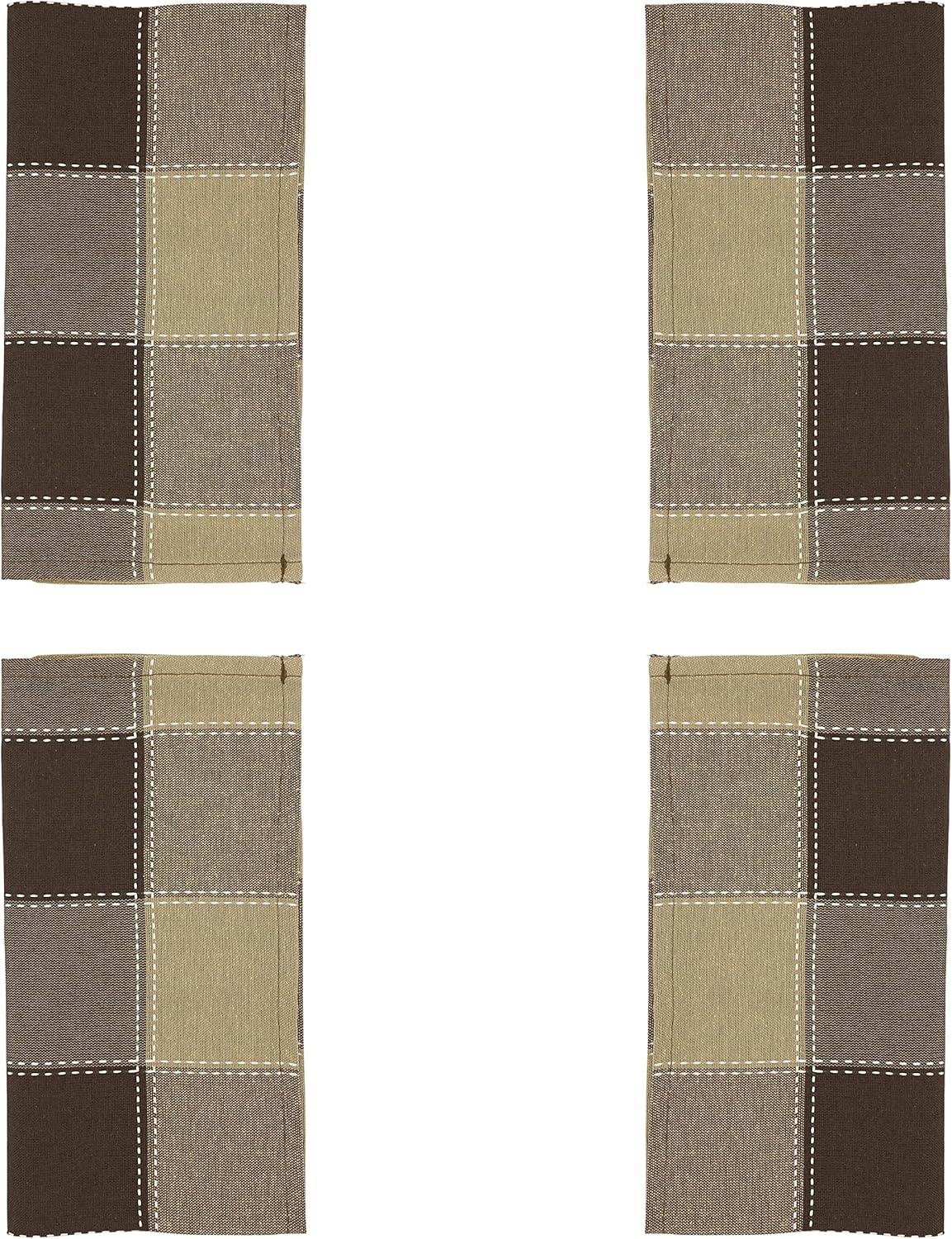 Mocha Stitched Plaid Cotton Blend Table Napkins, Set of 4