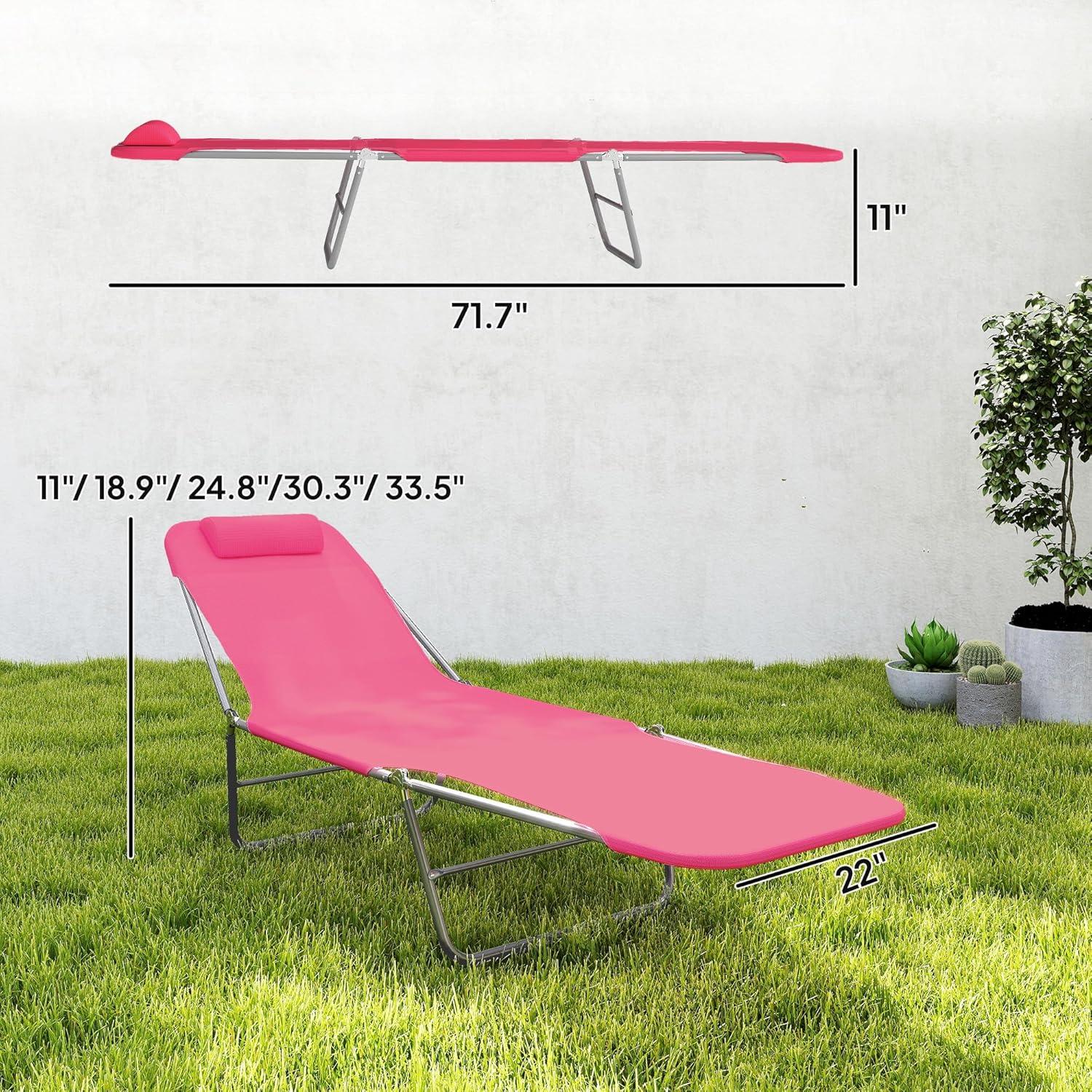 Outsunny Foldable Outdoor Chaise Lounge Chair, 5-Level Reclining Camping Tanning Chair with Breathable Mesh Fabric and Headrest, Pink