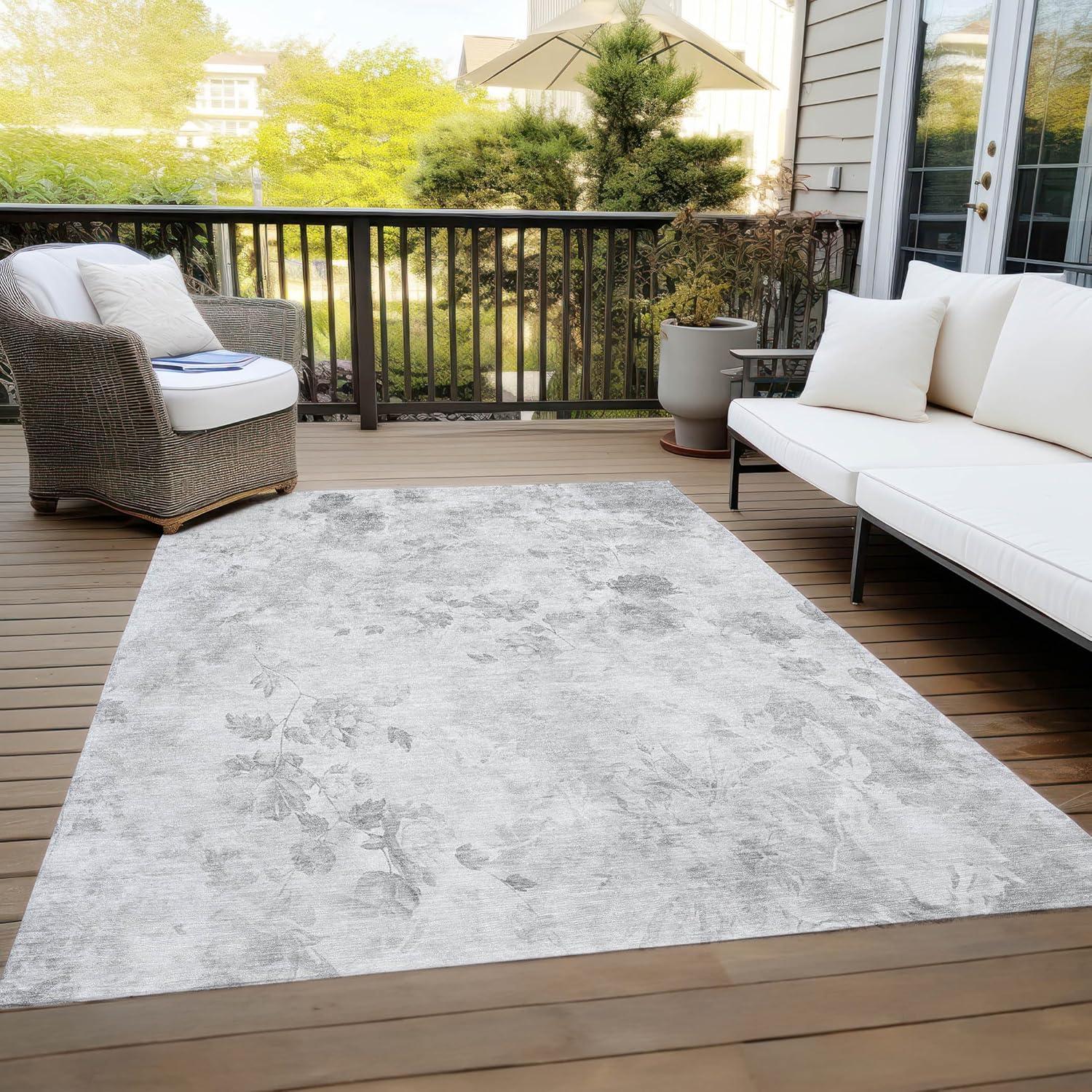 Gray Floral Synthetic Rectangular Washable Area Rug 3' x 5'
