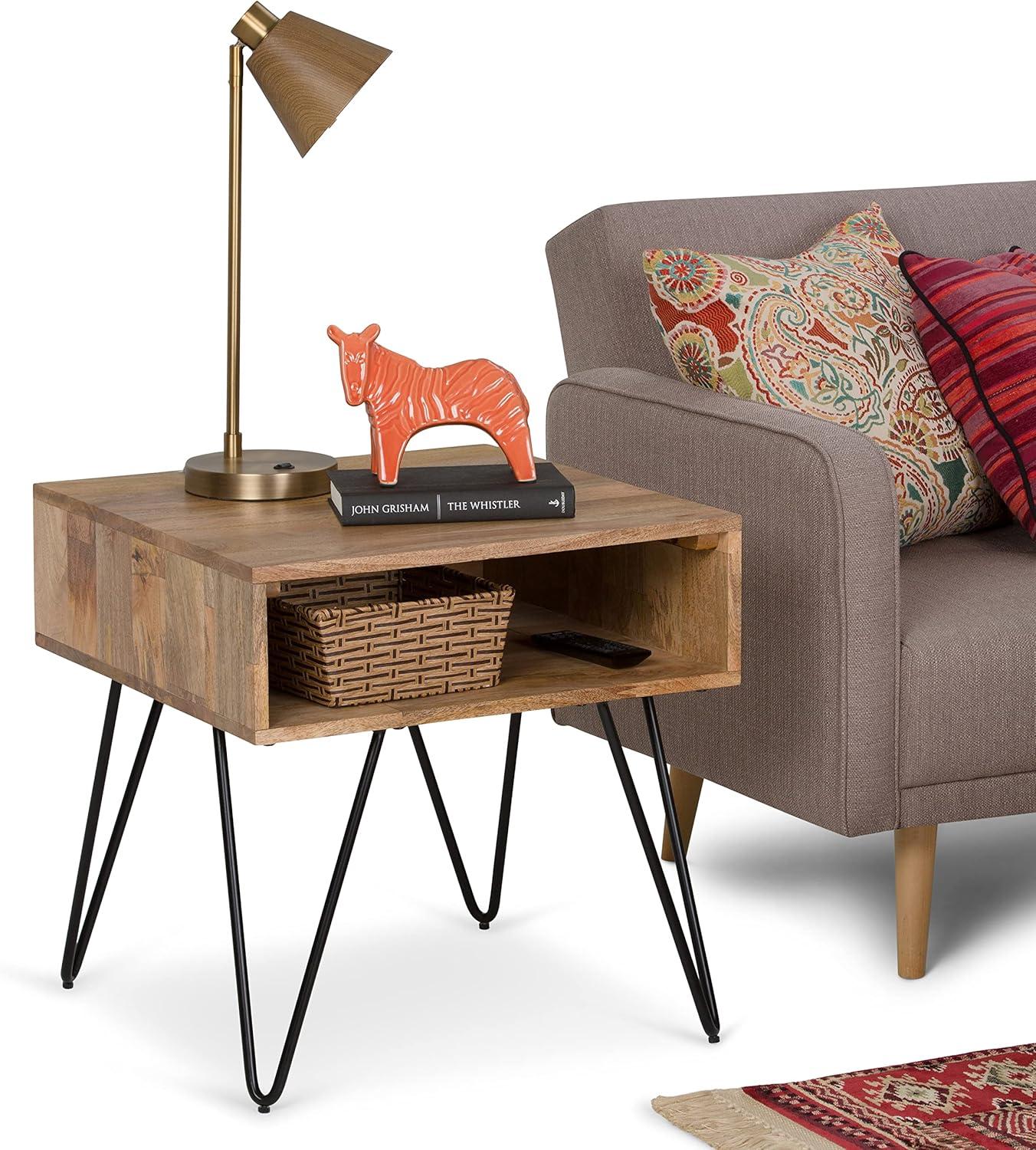 Hunter 22"W Solid Wood Industrial Square End Table with Hairpin Legs and Open Storage