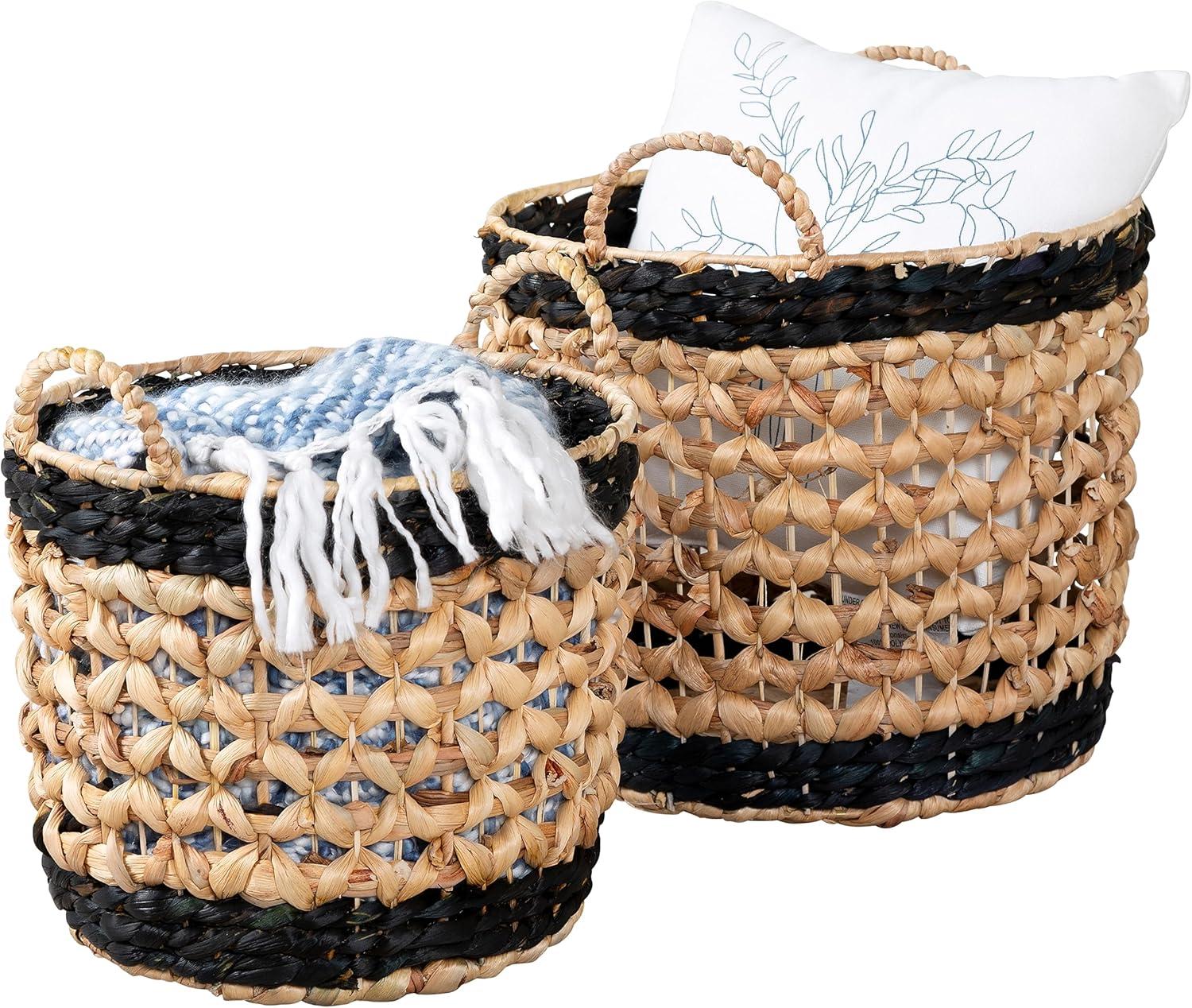 Set of 2 Natural and Black Wicker Round Storage Baskets