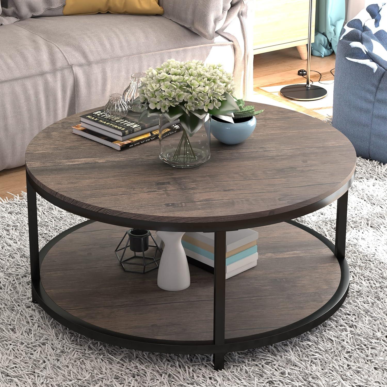 Drevy Round Coffee Table,36" Coffee Table for Living Room,2-Tier Rustic Wood Desktop with Storage Shelf Modern Design Home Furniture(Light Walnut)