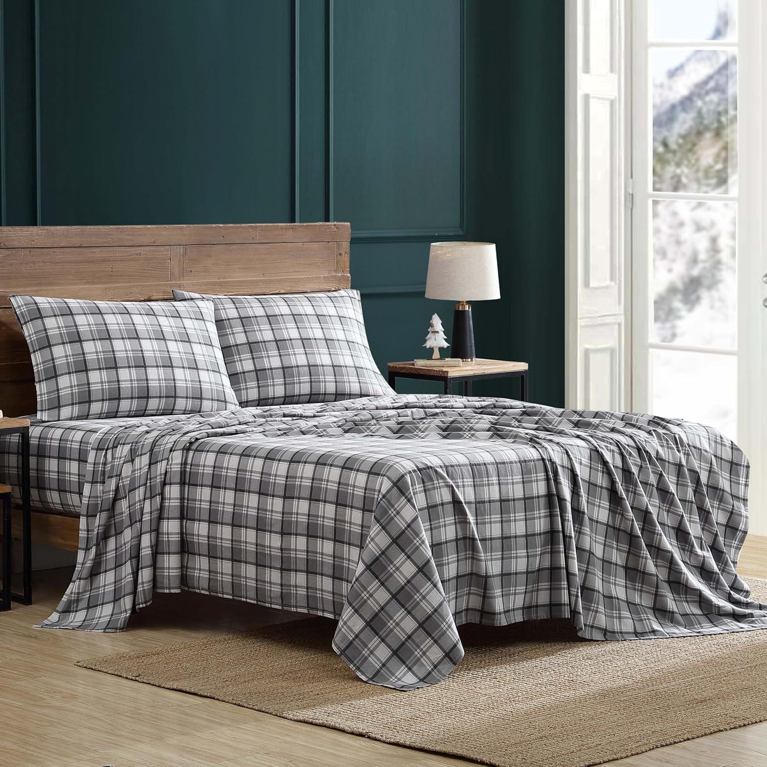 Winter Nights Cotton Flannel Bed Sheet Set, Full, Gray Plaid