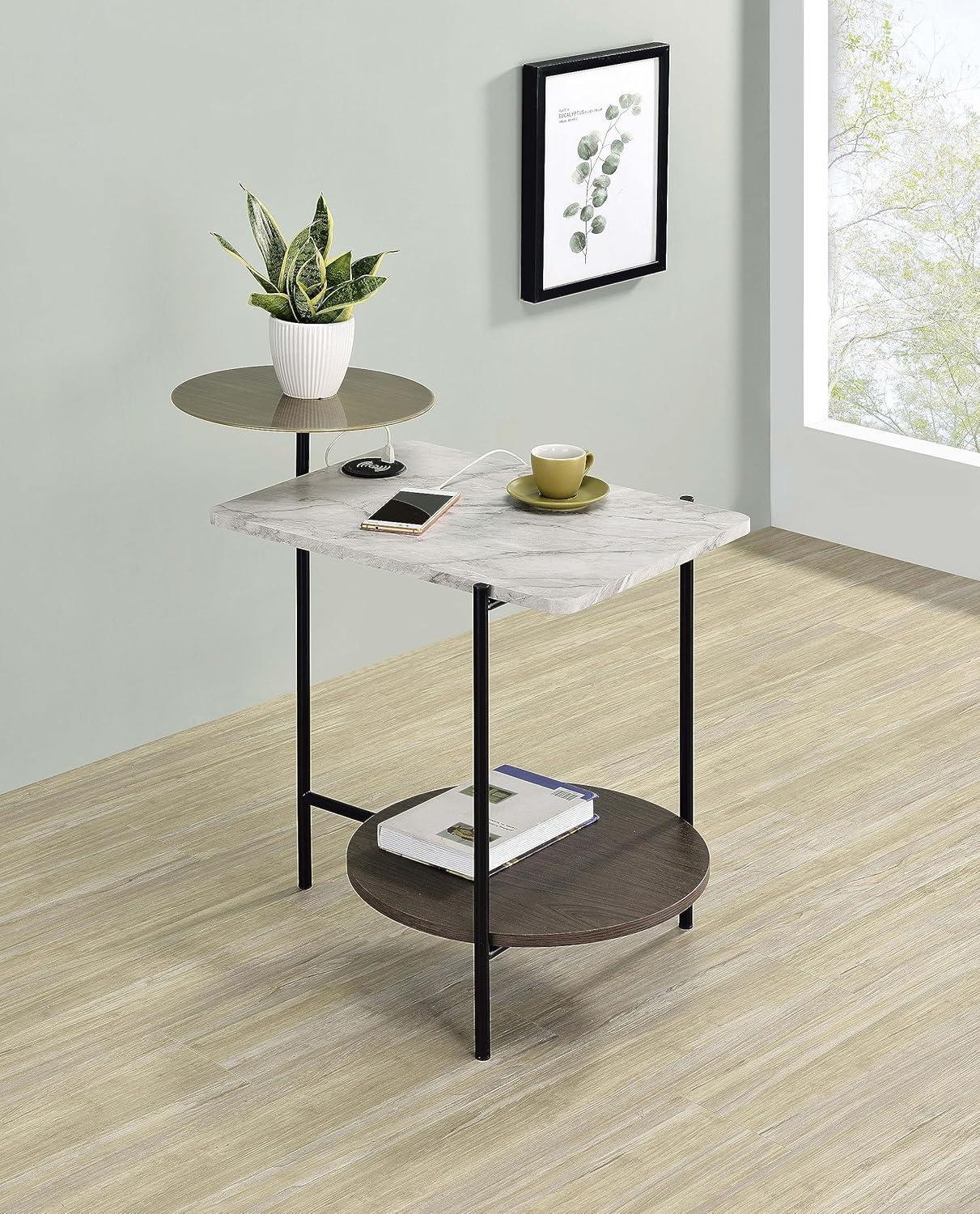 Ottilie 3-Tier Black and White Marble Side Table with Wireless Charger