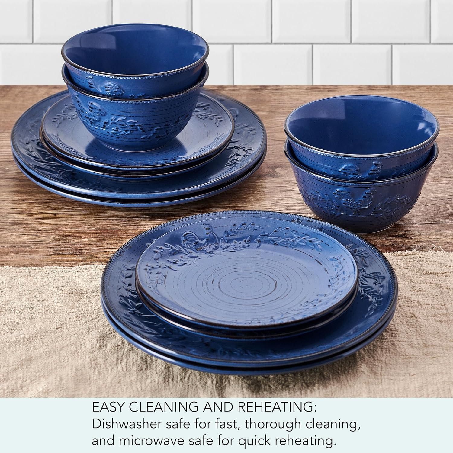 Pfaltzgraff Trellis 12 Piece Stoneware Dinnerware Set Rooster Blue