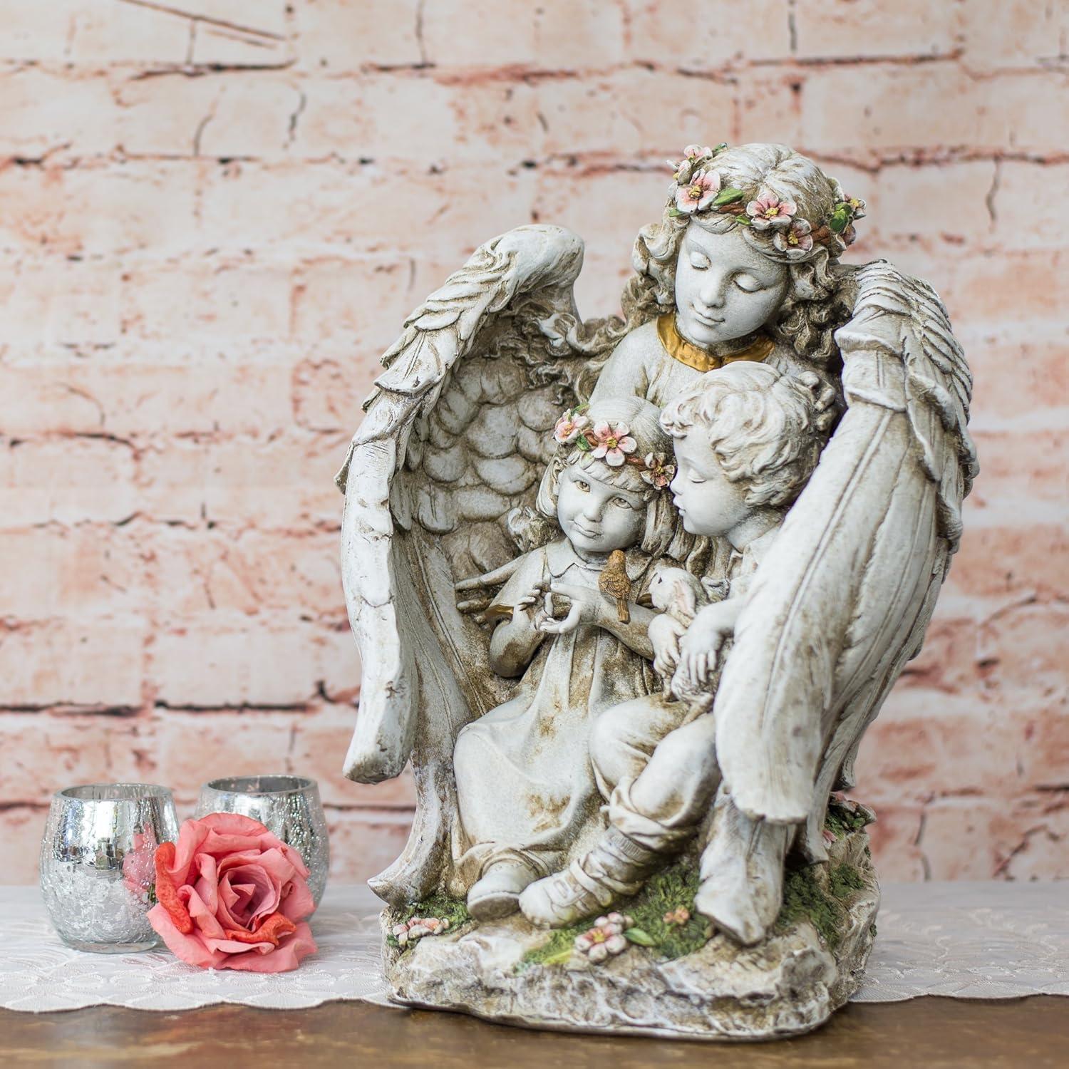 Hand-Painted Angel with Children Resin Garden Statue