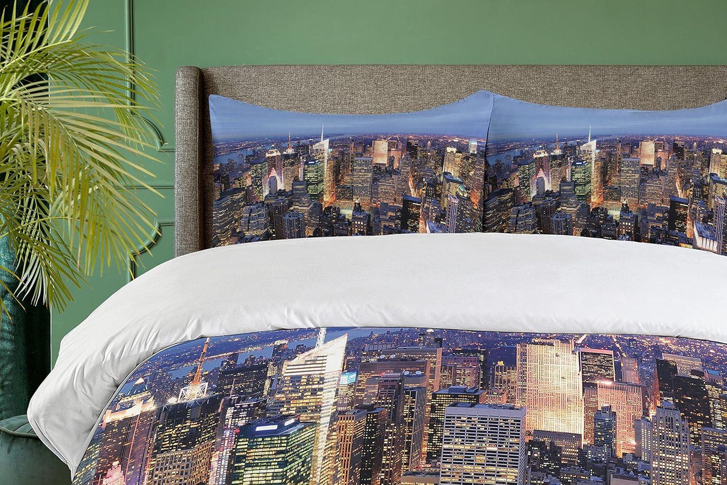 New York Queen Size Duvet Cover Set, Aerial View of NYC Full of Skyscrapers Manhattan Times Square Famous Cityscape Panorama, Decorative 3 Piece Bedding Set with 2 Pillow Shams, Blue, by Ambesonne