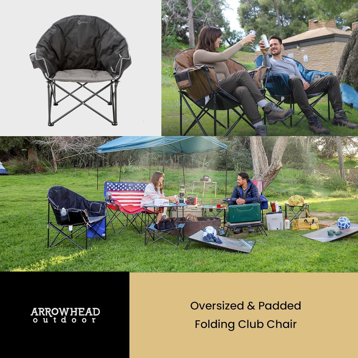 Arrowhead Outdoor Oversized Heavy-Duty Club Folding Camping Chair w/External Pocket, Cup Holder, Portable, Padded, Moon, Round, Bag (Charcoal Black)