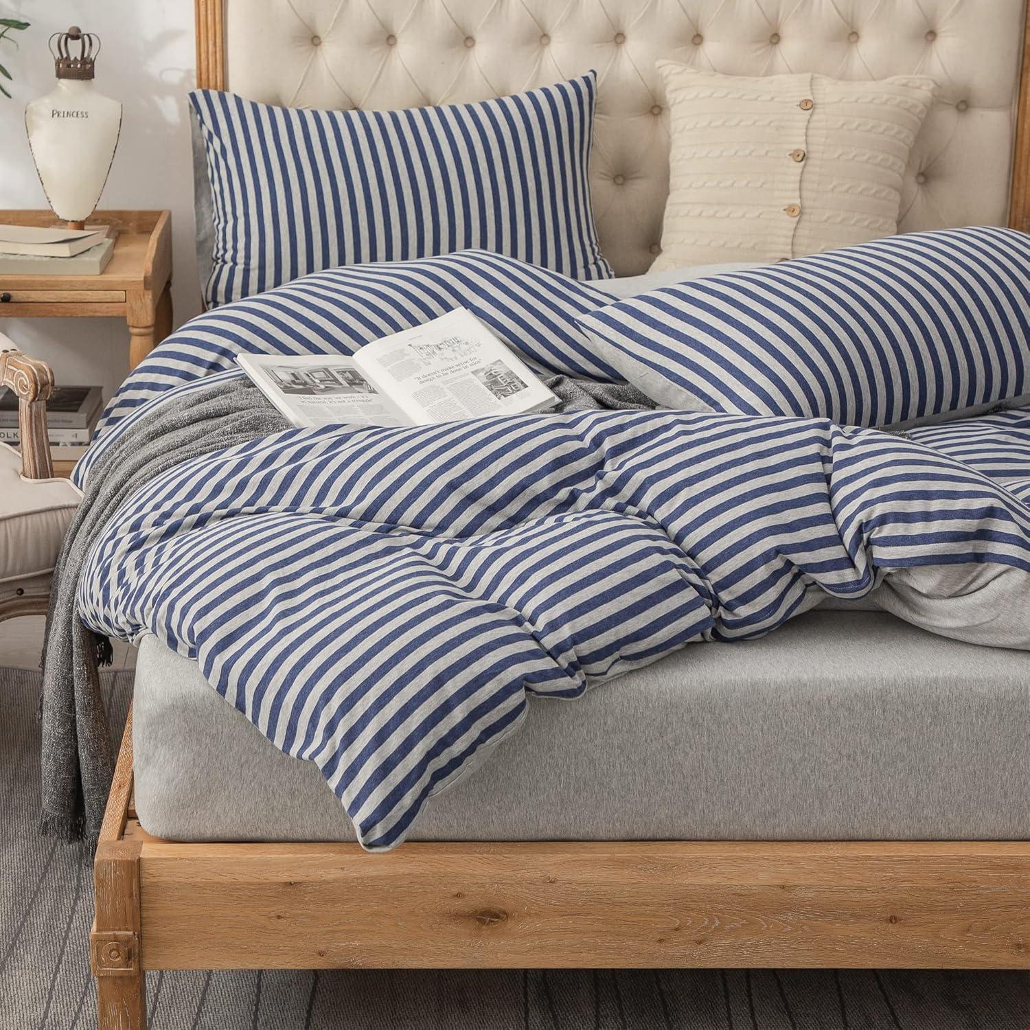 PURE ERA Jersey Knit 100% Cotton Striped Duvet Cover Set With Zipper Closure Reversible bedding,Blueish Grey Stripe, King Size