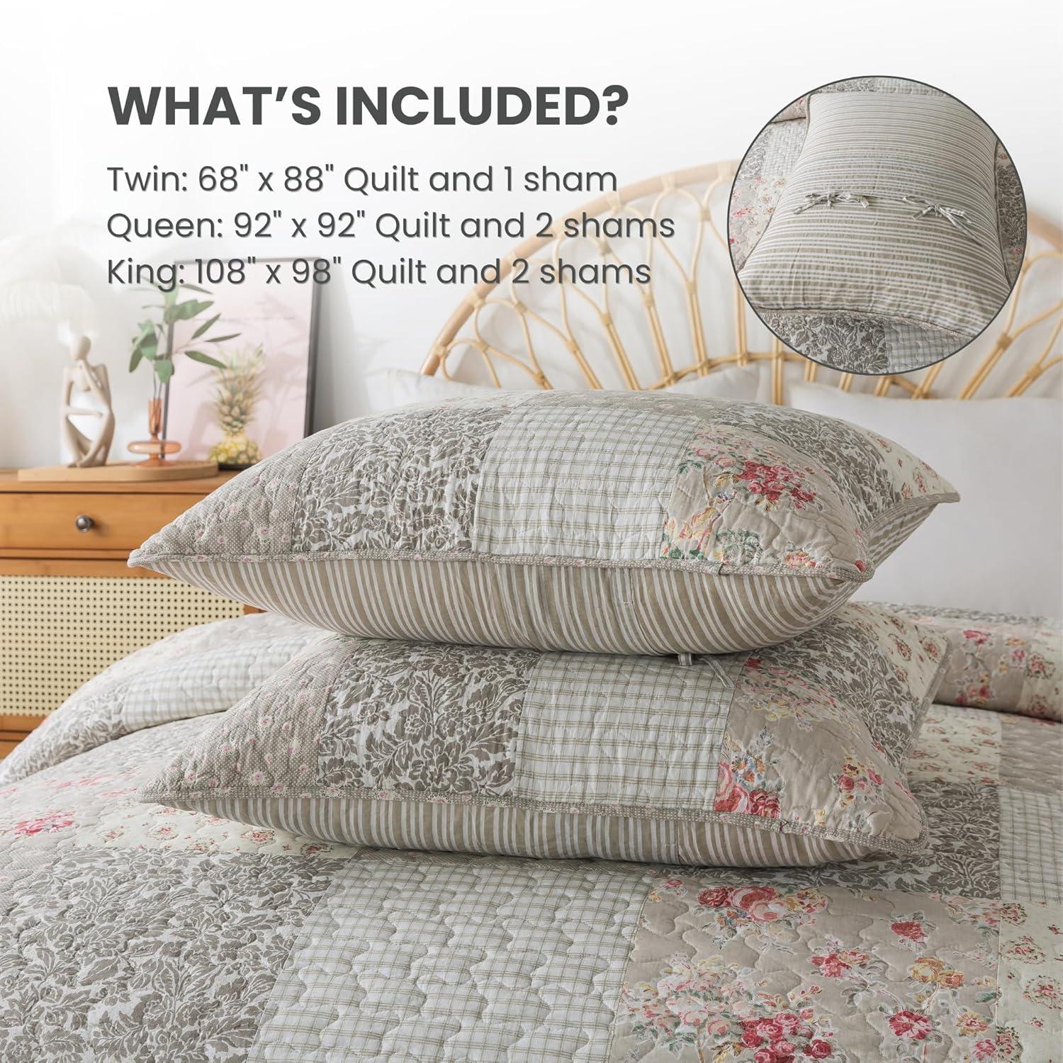 SLPR Walk in The Cotswolds Patchwork Cotton Pieced Quilt Set - Queen Size with 2 Shams, Neutral Floral & Cream Cottage Quilted Bedspread, French Country Farmhouse Bedding for All Seasons