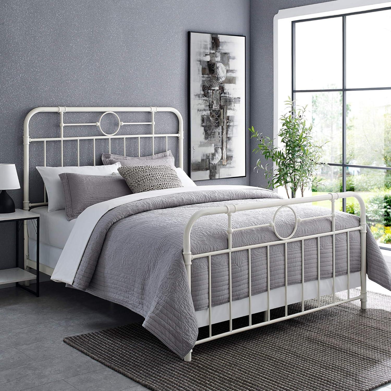 Antique White Metal Pipe Queen Bed with Powder Coated Finish