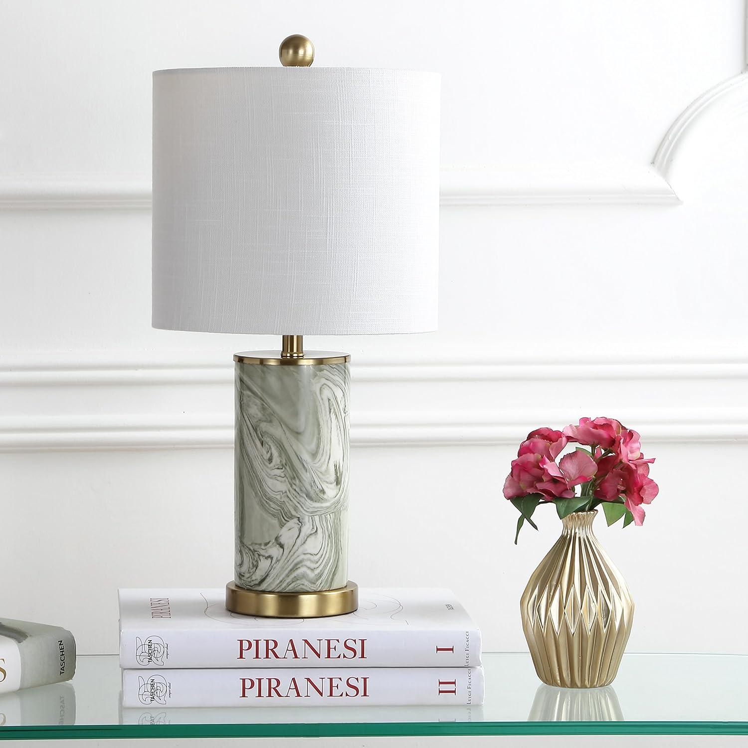 Green and White Marbled Ceramic Table Lamp with Brass Base