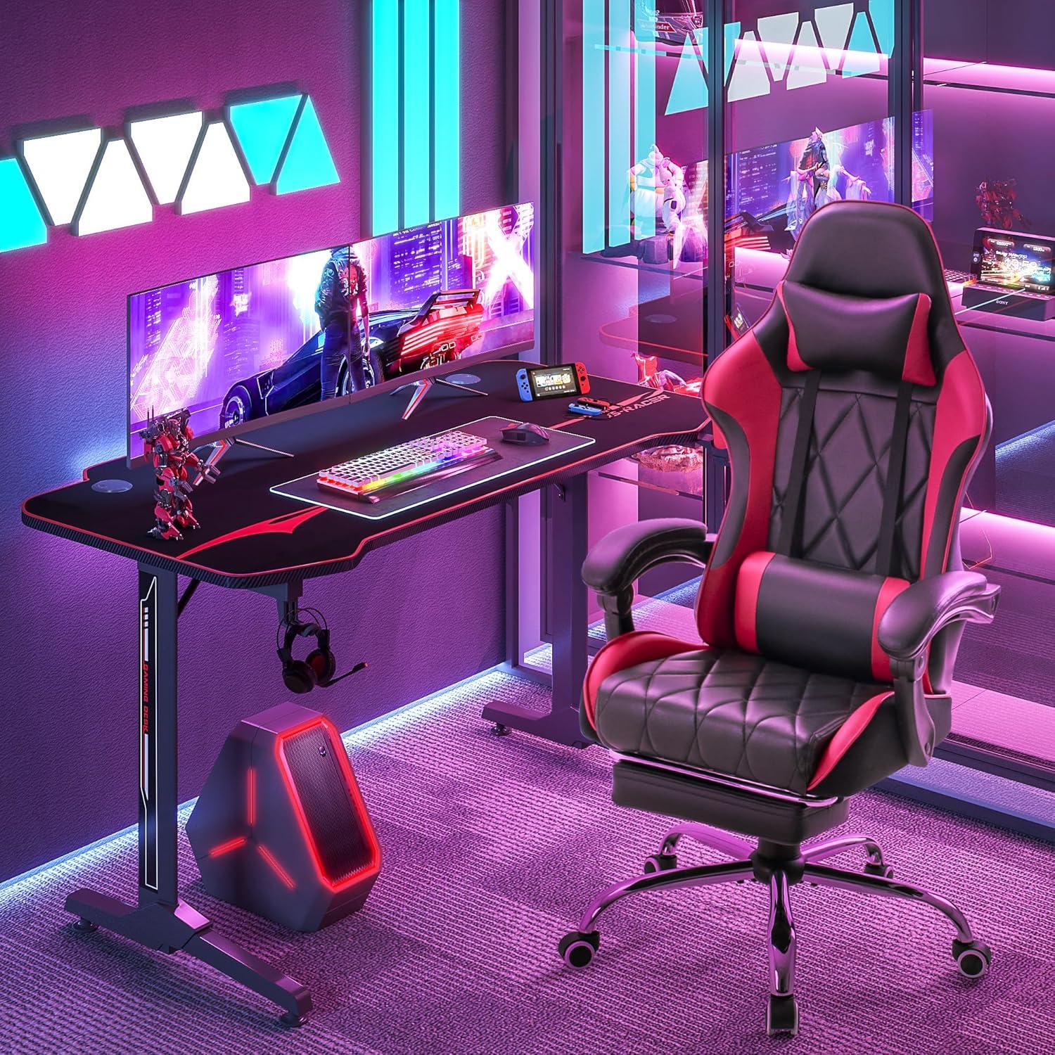 Shahoo Gaming Chair with Footrest and Massage Lumbar Support, Computer Game Chairs Ergonomic Office Seat Height Adjustable with Headrest, Red