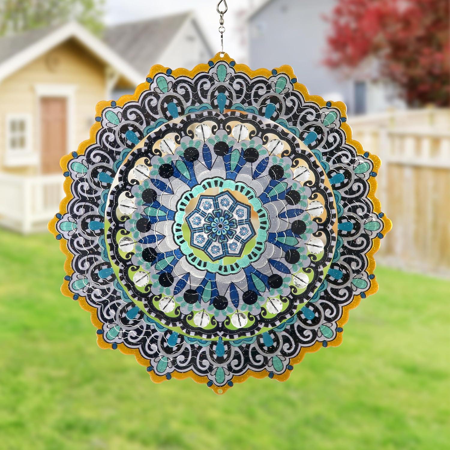 Exhart Wind Spinner, Blue and Black Mandala Hanging Wind Sculpture, 3D Laser Cut Patterns with Bead Details, Metal Outdoor Garden Decoration, Multicolor Lawn and Yard Art, 12 Inch