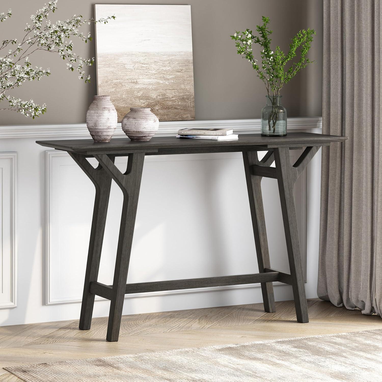 Gray Wood Console Table with Y-Shaped Splayed Legs, 59 Inch