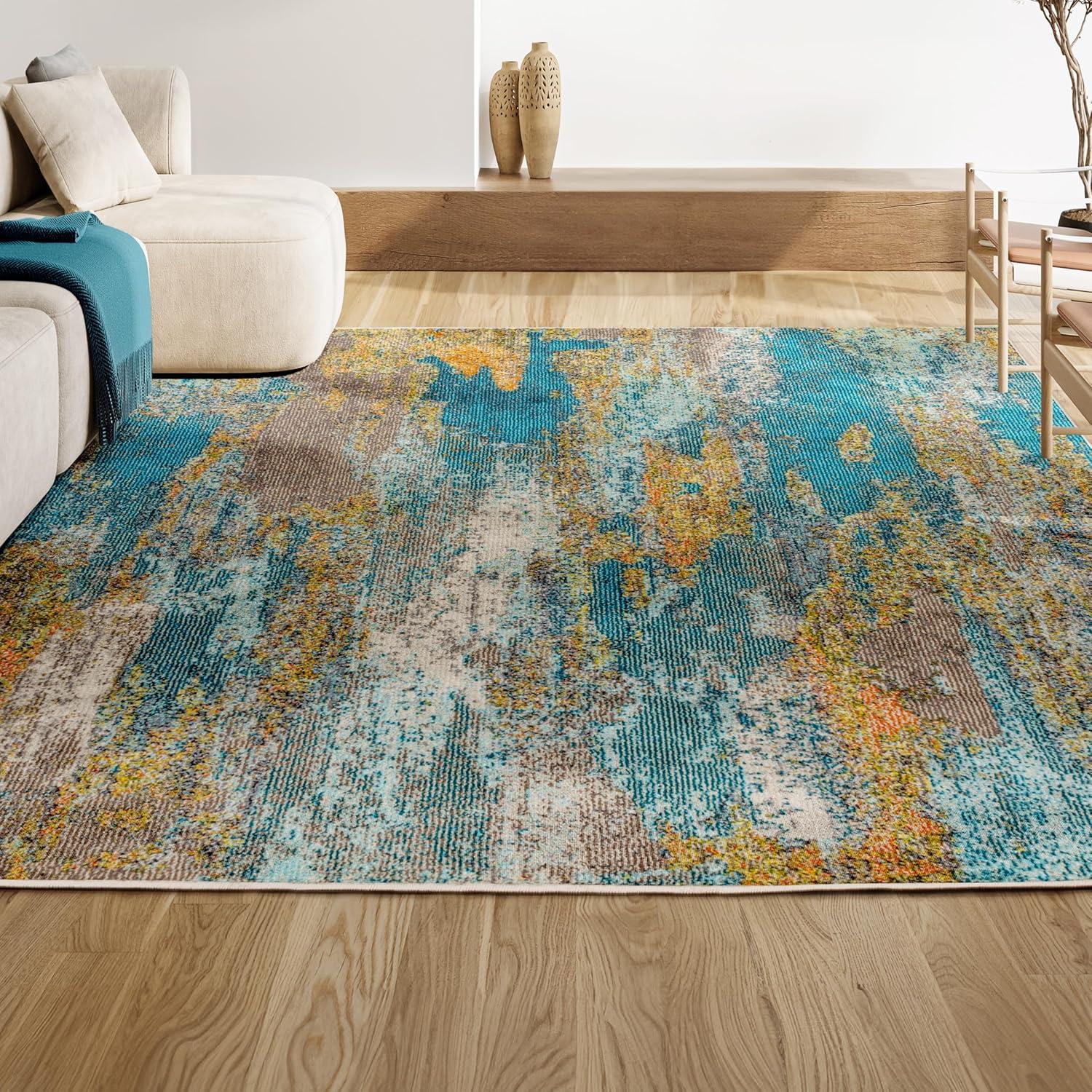 5'x8' Contemporary POP Modern Abstract Vintage Waterfall Area Rug, Blue/Brown/Orange - JONATHAN Y