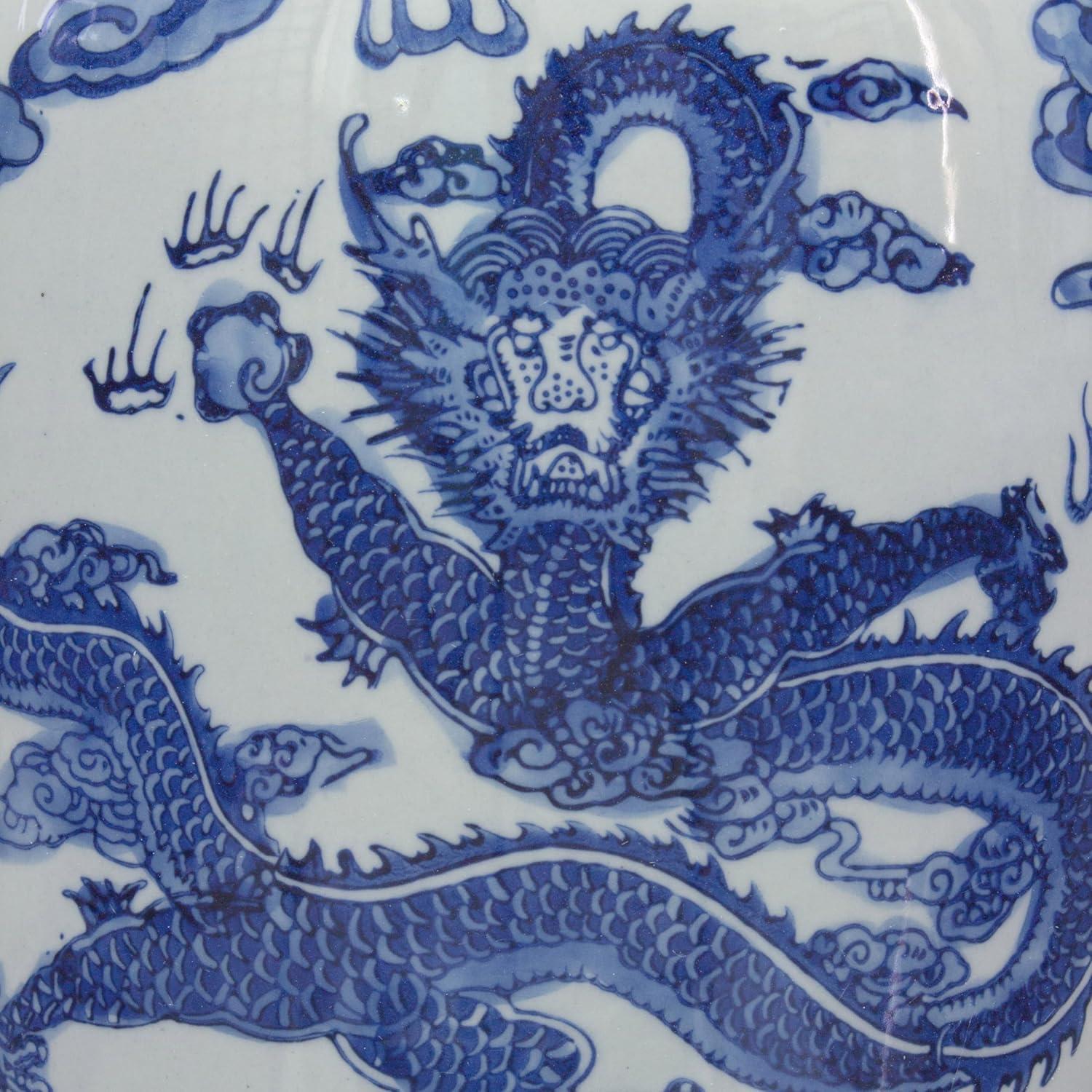 14" Dragon Blue & White Porcelain Tung Chi Vase