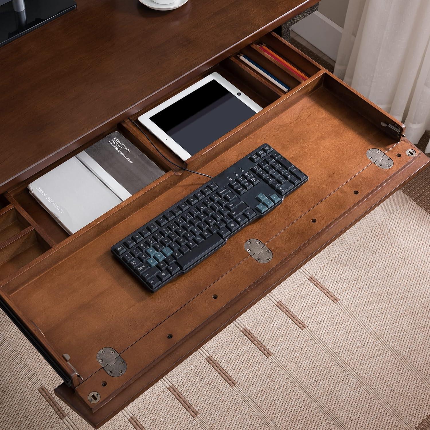 Leick Home 11400 Empiria Metal and Wood Laptop Computer Desk with Drop Front Keyboard Drawer, Walnut and Foundry Bronze