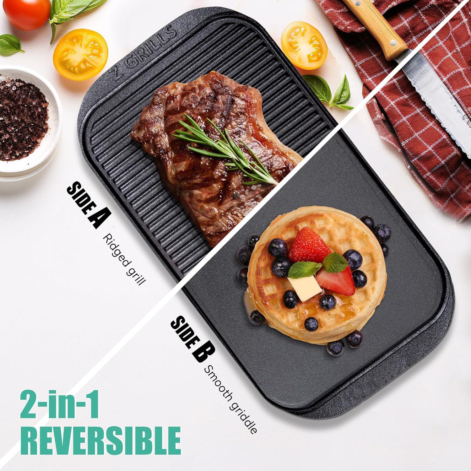 20-Inch Black Cast Iron Reversible Griddle Grill Pan