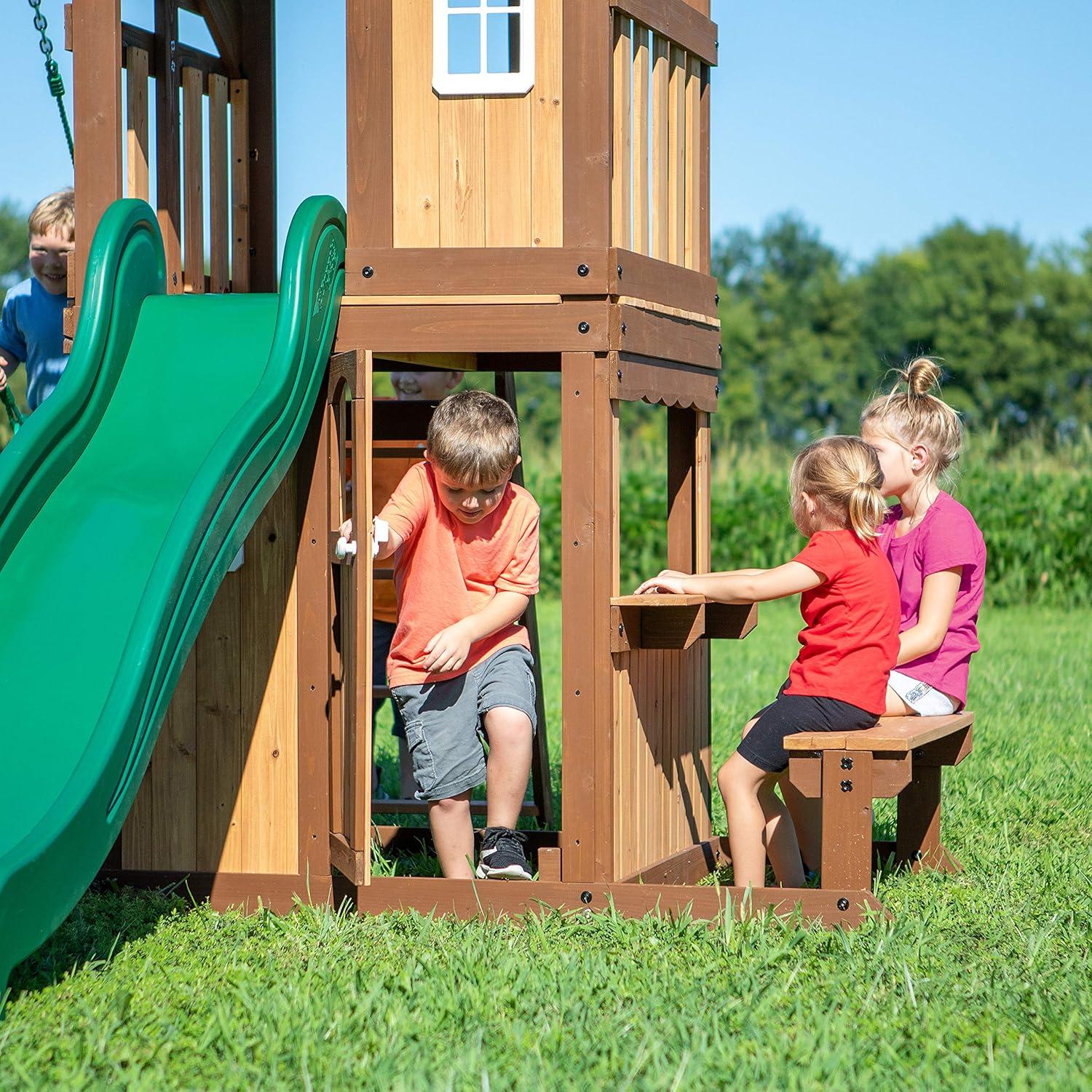 Backyard Discovery Backyard Discovery Lakewood Cedar Wood Swing Set with Wave Slide, Clubhouse, Playhouse, and Snack Bar Window