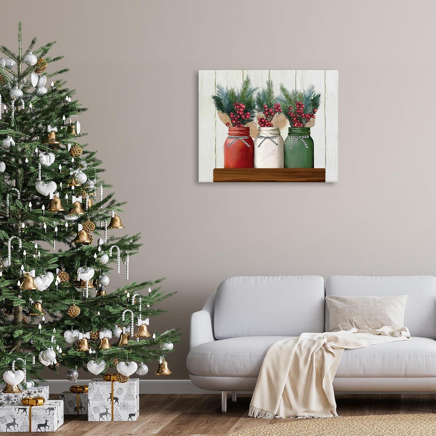 Festive Christmas Jars Canvas Wall Art with Berry Bouquets