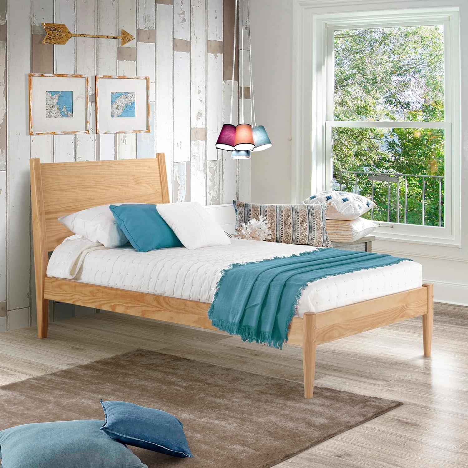 Camaflexi Mid Century Platform Bed Wood Panel Bed Frame with Headboard, Full, Scandinavian Oak