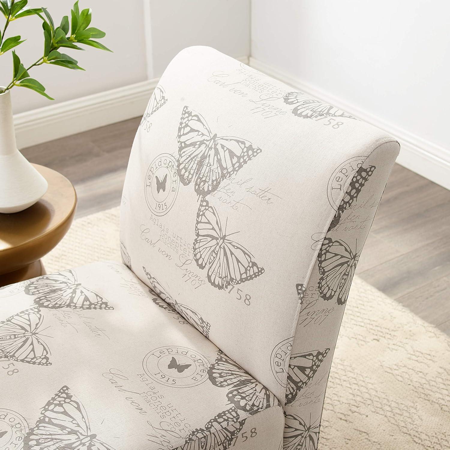 Gray Butterfly Print Linen Slipper Chair with Wood Legs