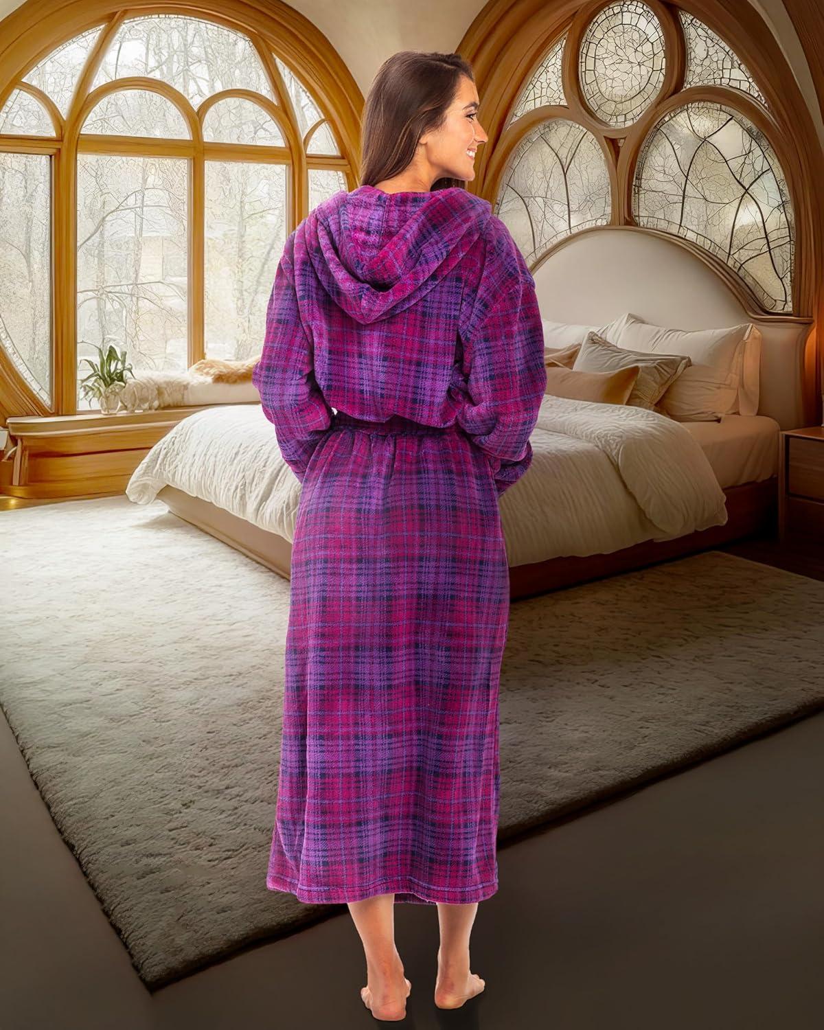ADR Women's Hooded Plush Velour Robe with Lined Hood, Pockets Purple Plaid Large
