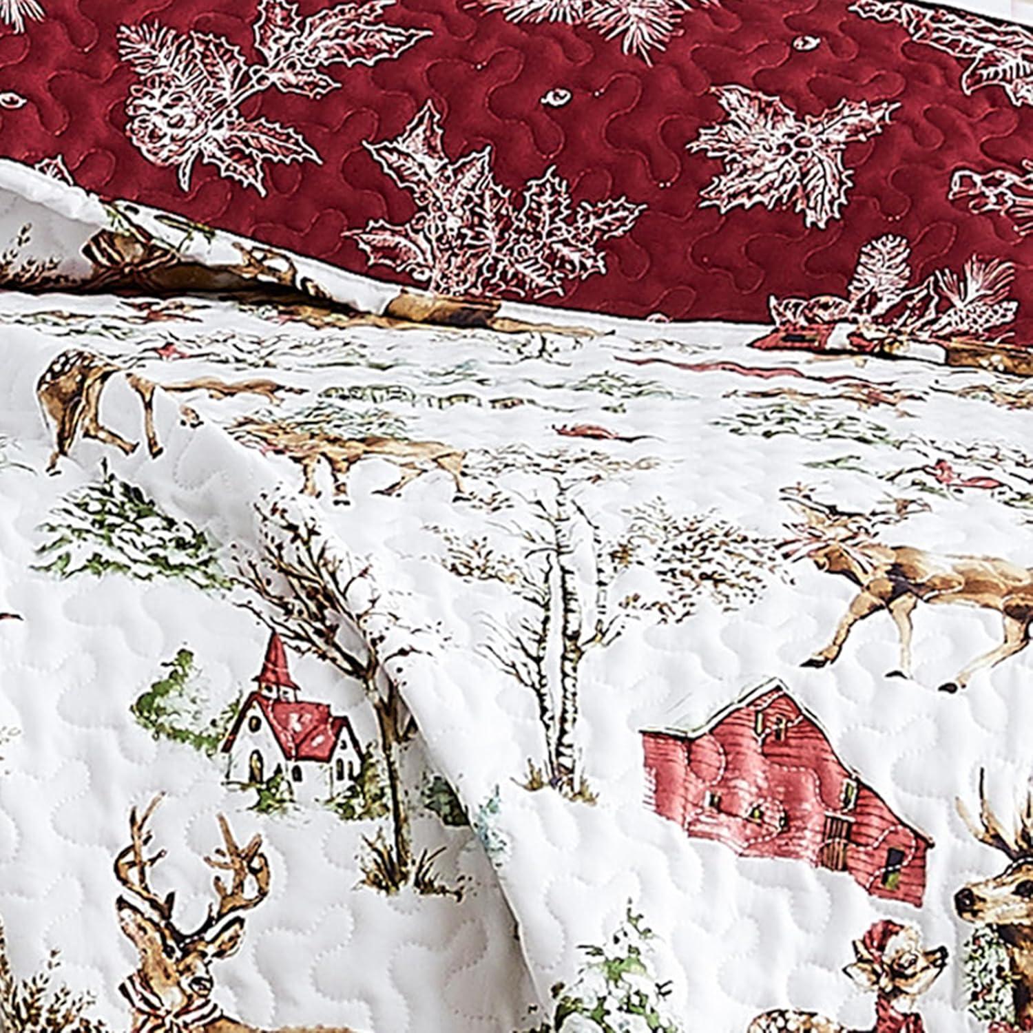 White and Red Reversible Christmas Twin Microfiber Quilt Set