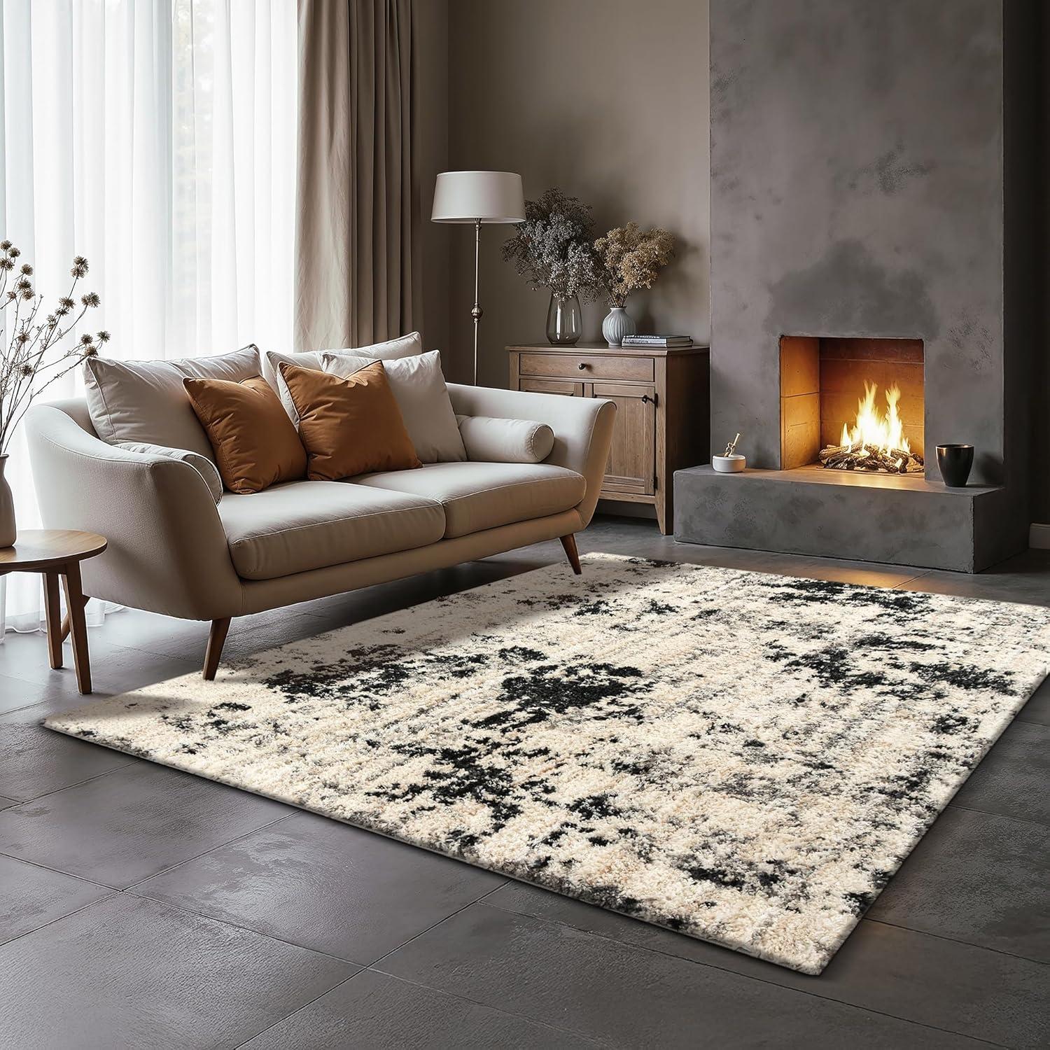 Ottomanson Soft Shag Area Rug 5x7 Abstract Modern Rug for Bedroom, 5'3" x 7', Gray/Ivory