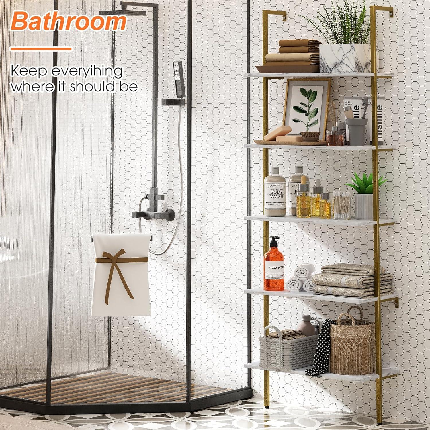 5 Tiers Ladder 2-Piece Shelf White Marble Modern Bookshelf Open Tall Wall Mount Bookcase Standing Leaning Wall Shelves Industrial Decorative