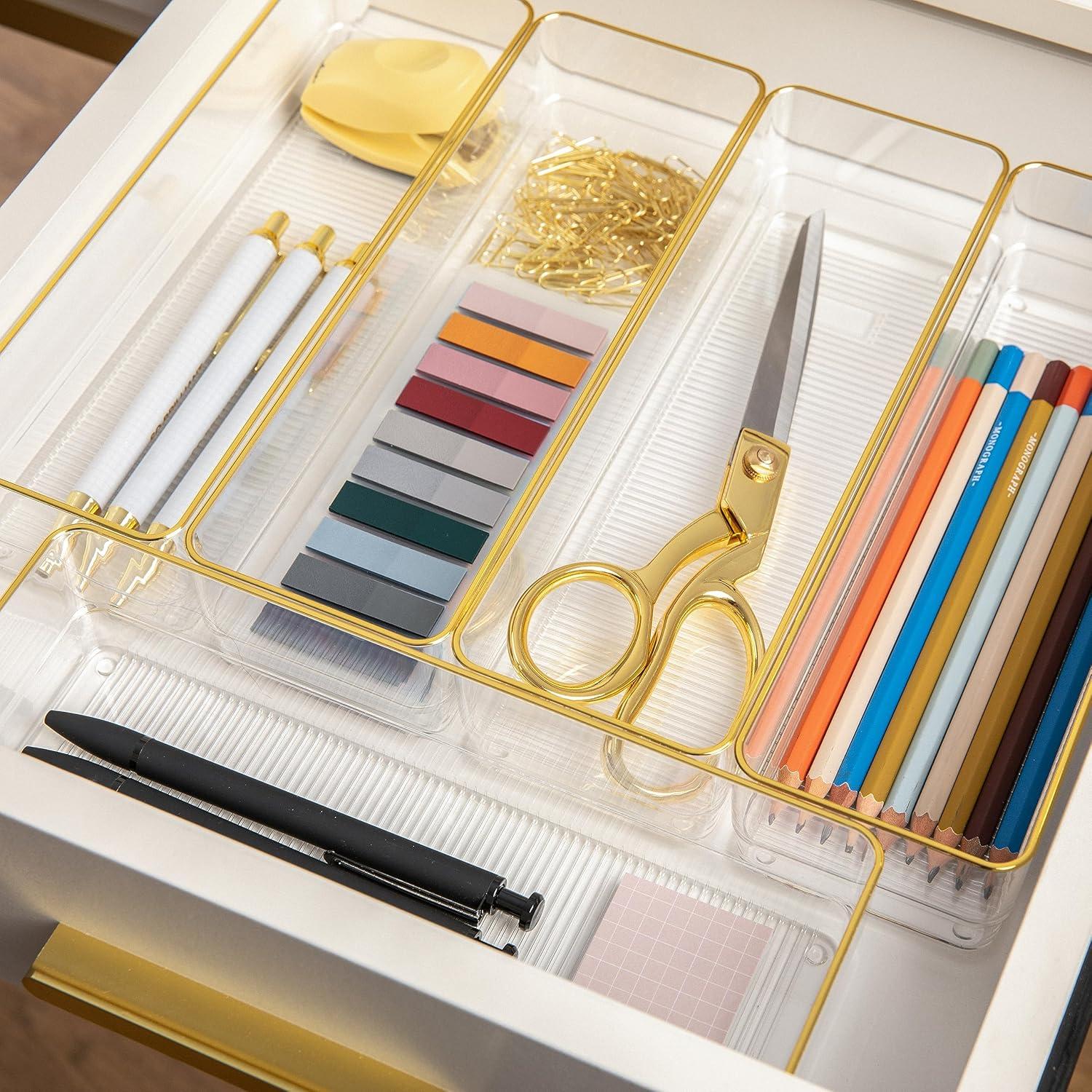 Thomas Martha Stewart Plastic Stackable Office Desk Drawer Organizers with Metallic Trim, 12" x 3"