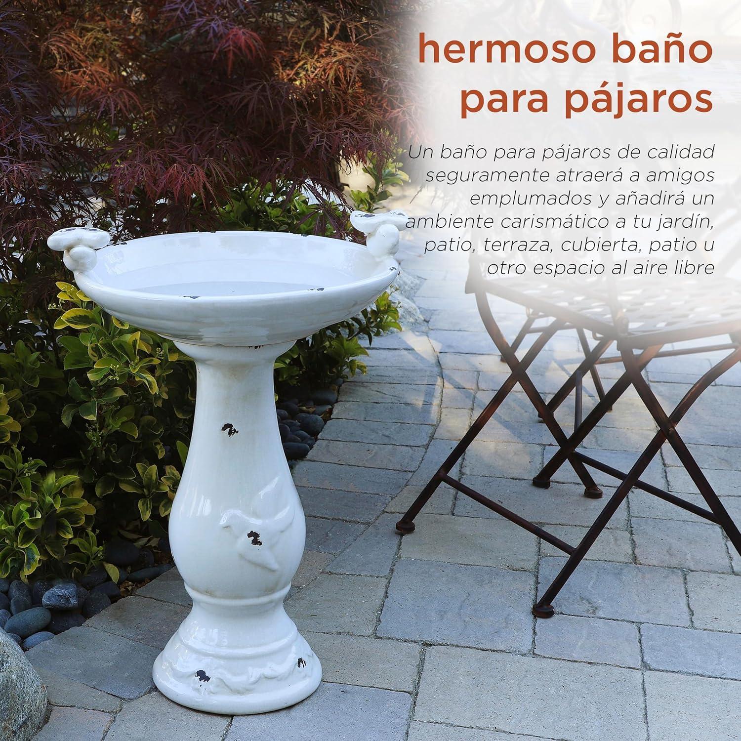 24" Antique Ceramic Birdbath With Birds - Brown - Alpine Corporation: Weather-Resistant, Freestanding Design