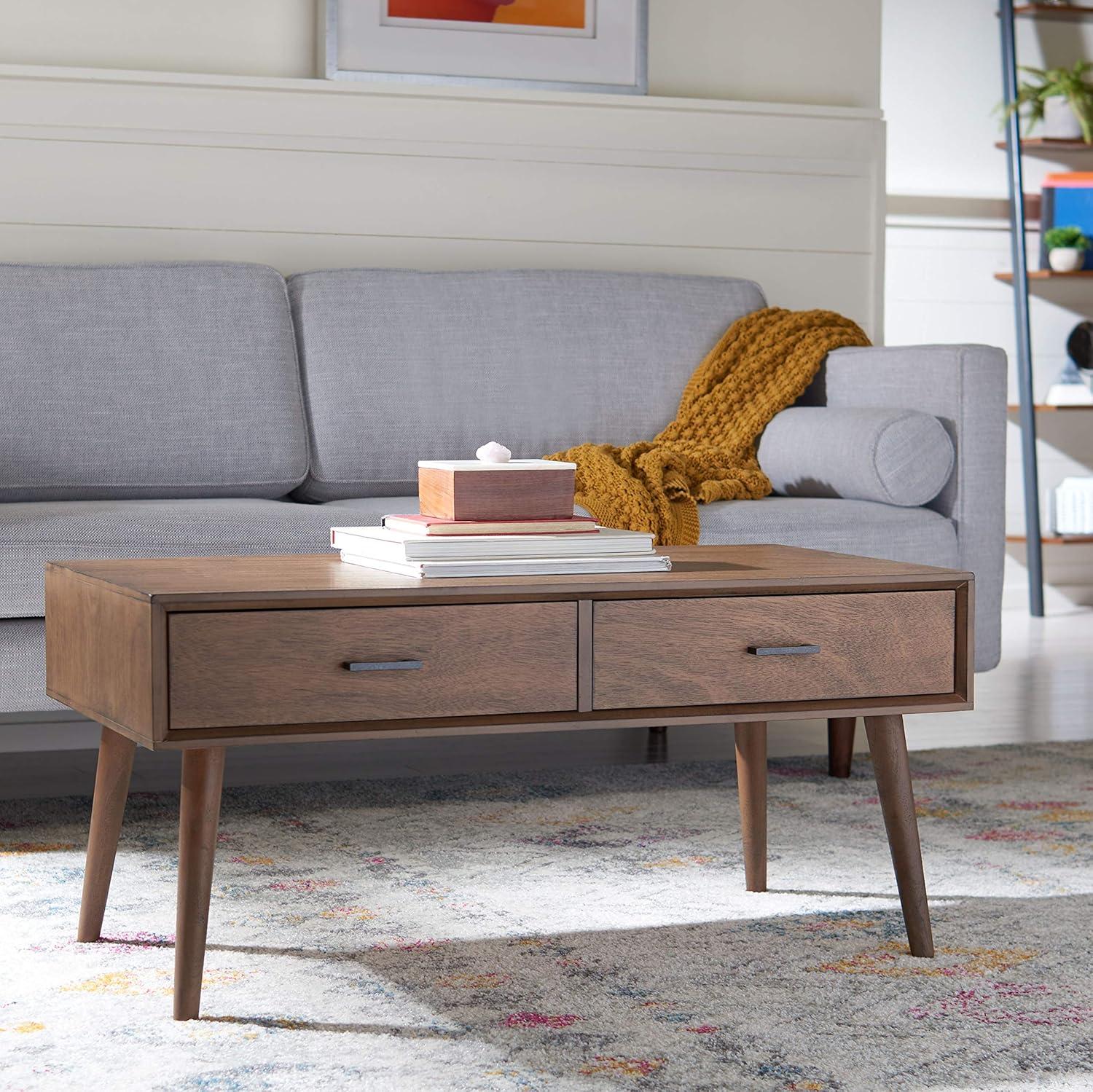 Belgian Farmhouse Mid-Century Chic Brown Wood Coffee Table with Storage