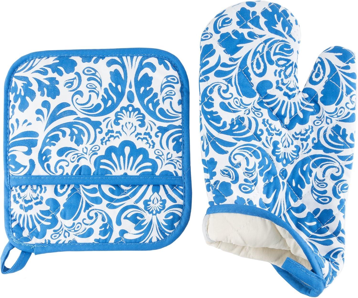 Lavish Home Quilted Oven Mitt and Potholder Set - Flame and Heat Resistant